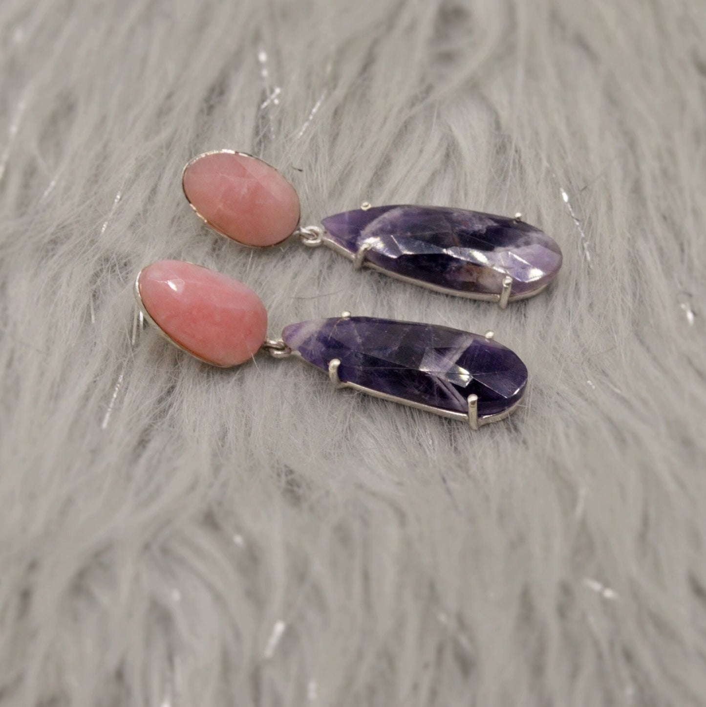 Pink Opal, Purple Amethyst Silver Earrings, February, October Birthstone, Dangle Drop Earrings, Birthday Gift For Her, Blue Peacock Earrings
