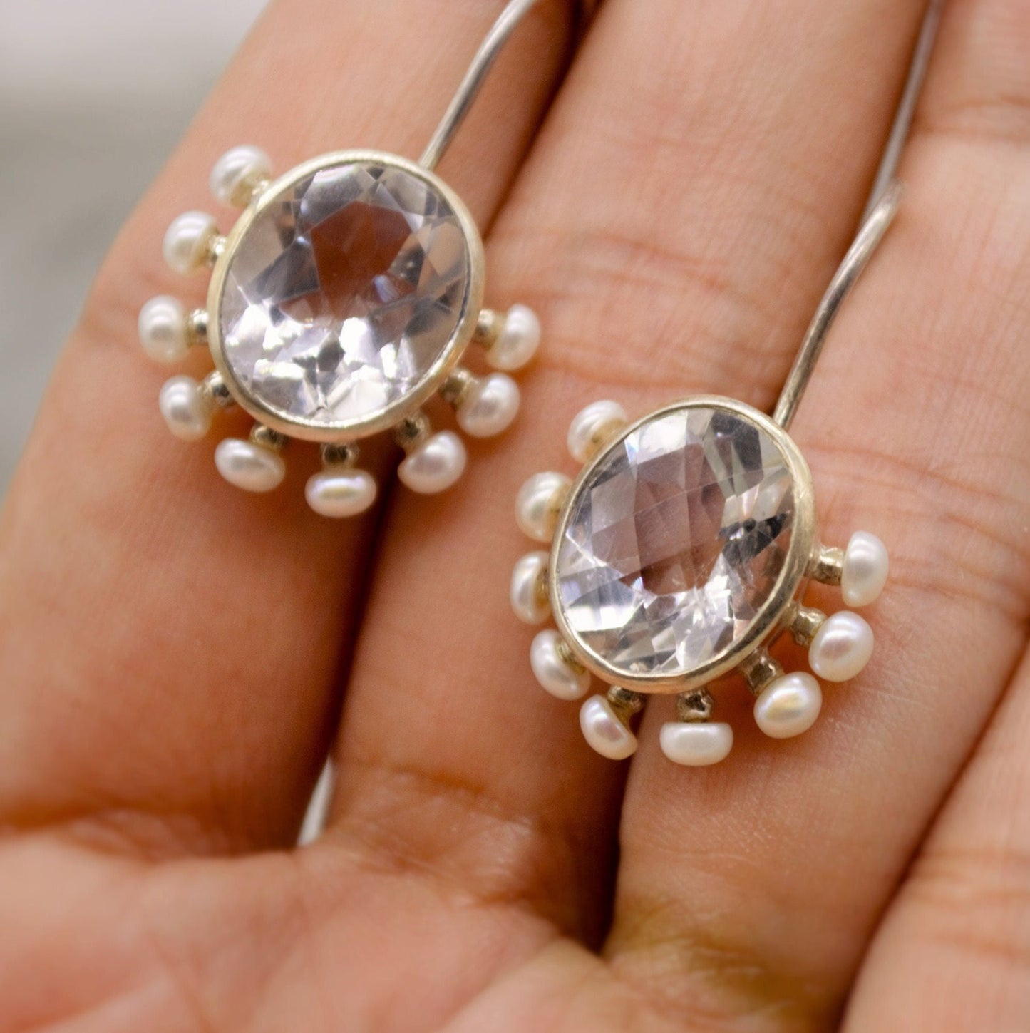 Clear Quartz, Pearl Earrings, Pearl Vintage Earrings, Sterling Silver Gemstone Earrings, June Birthstone Jewelry, Birthday Gifts For Her