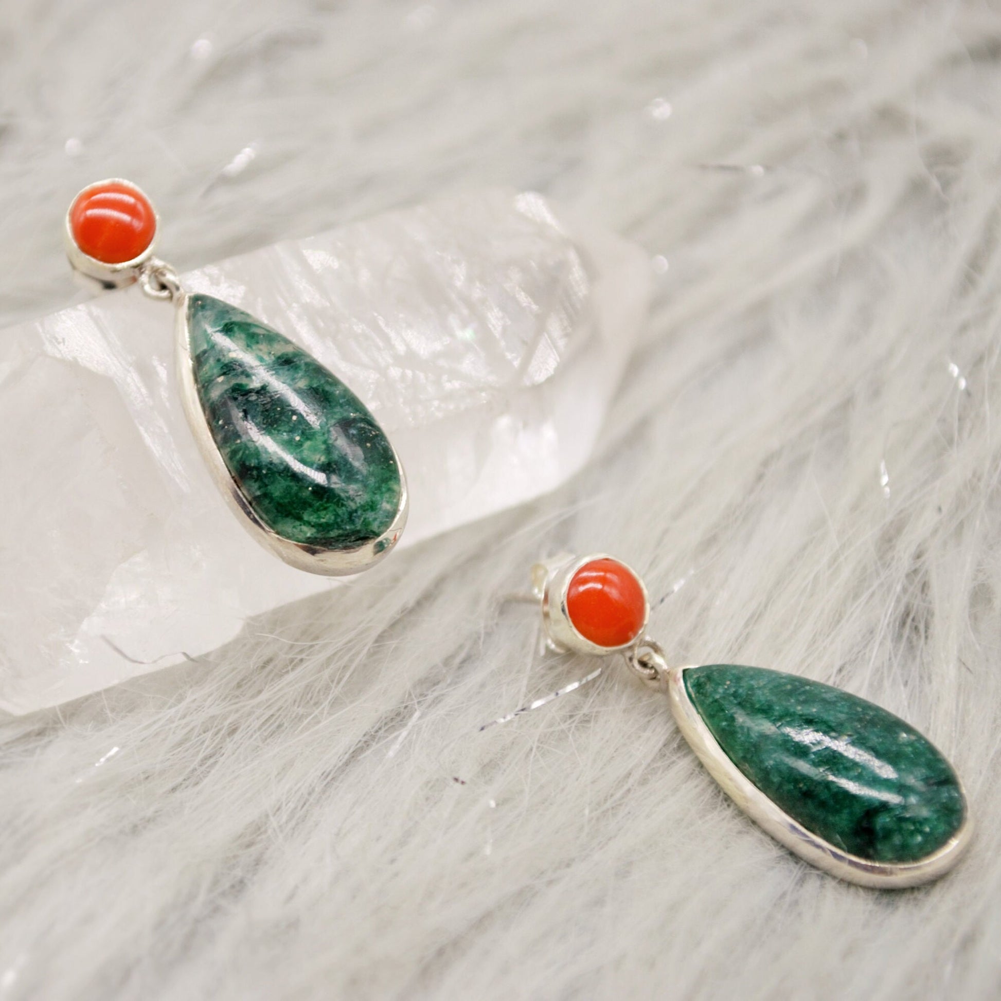Green Emerald, Coral Dangle Drop Earrings, Sterling Silver Earrings, May Birthstone, Christmas, Birthday Gifts, Green Gemstone Earrings