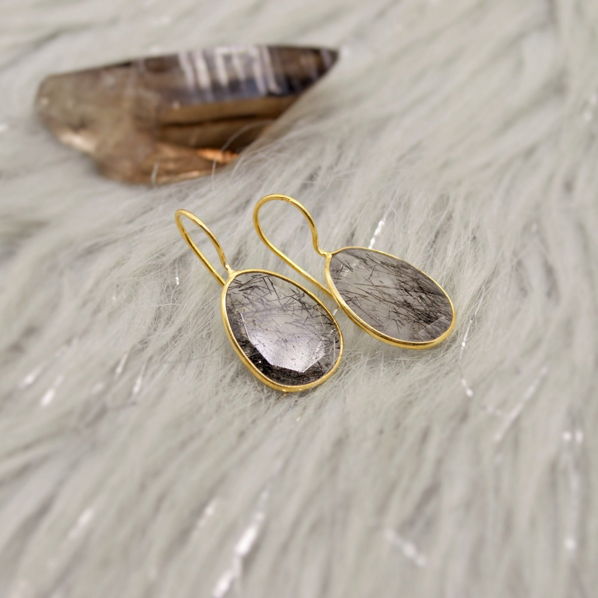Black Rutilated Quartz Earrings, Gold Earrings, Gold Plated Sterling Silver, Everyday Minimalist Gemstone Earrings