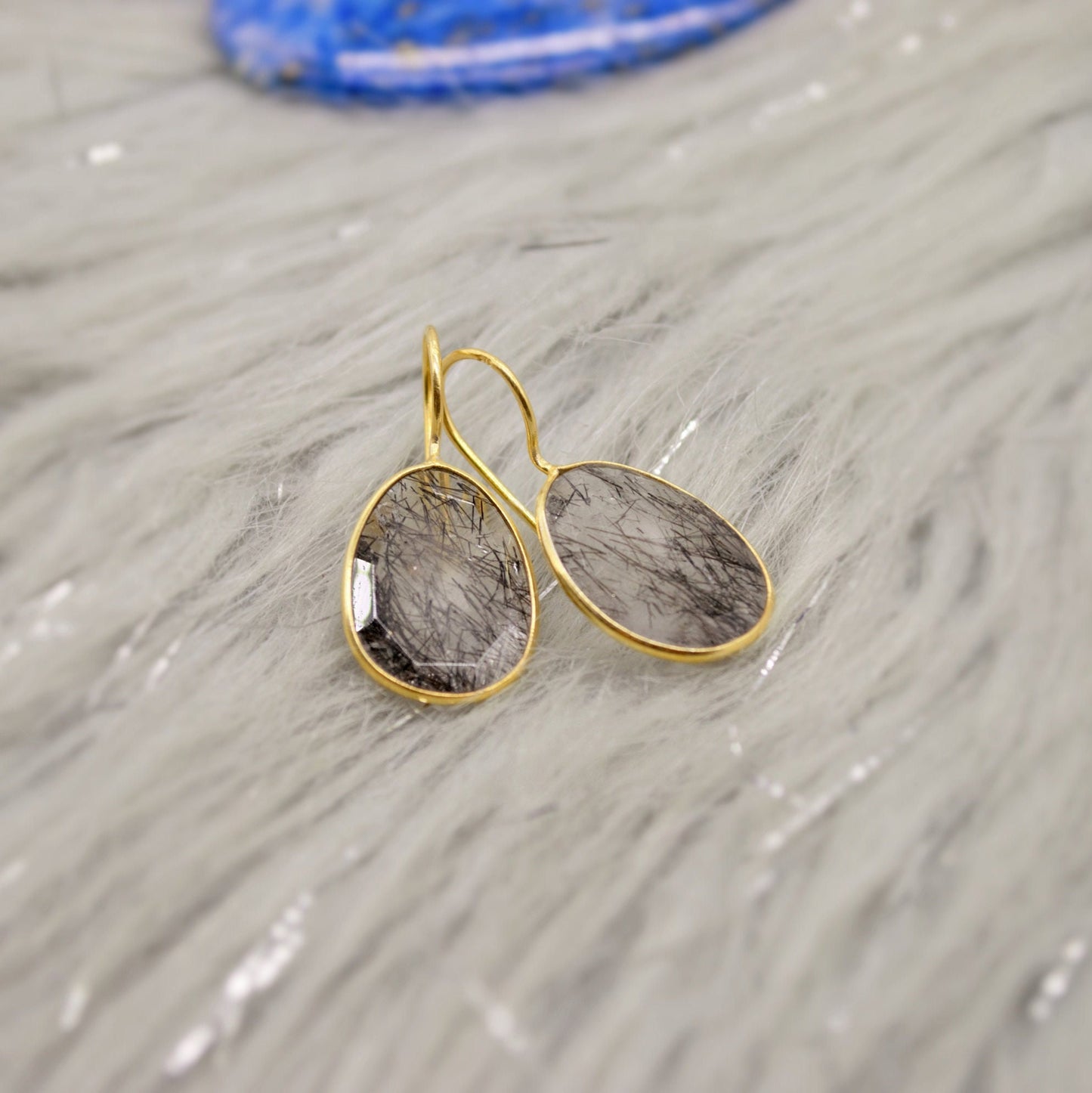 Black Rutilated Quartz Earrings, Gold Earrings, Gold Plated Sterling Silver, Everyday Minimalist Gemstone Earrings