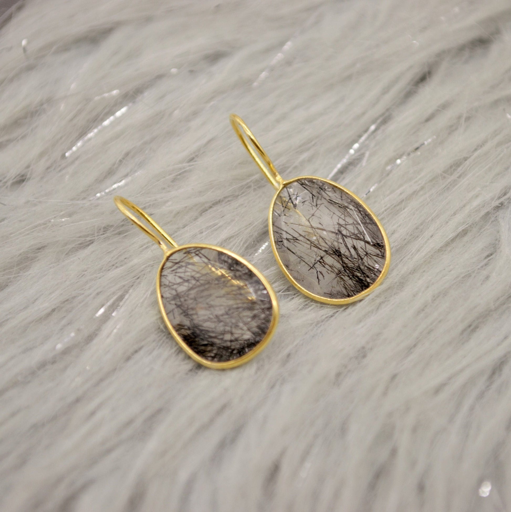 Black Rutilated Quartz Earrings, Gold Earrings, Gold Plated Sterling Silver, Everyday Minimalist Gemstone Earrings