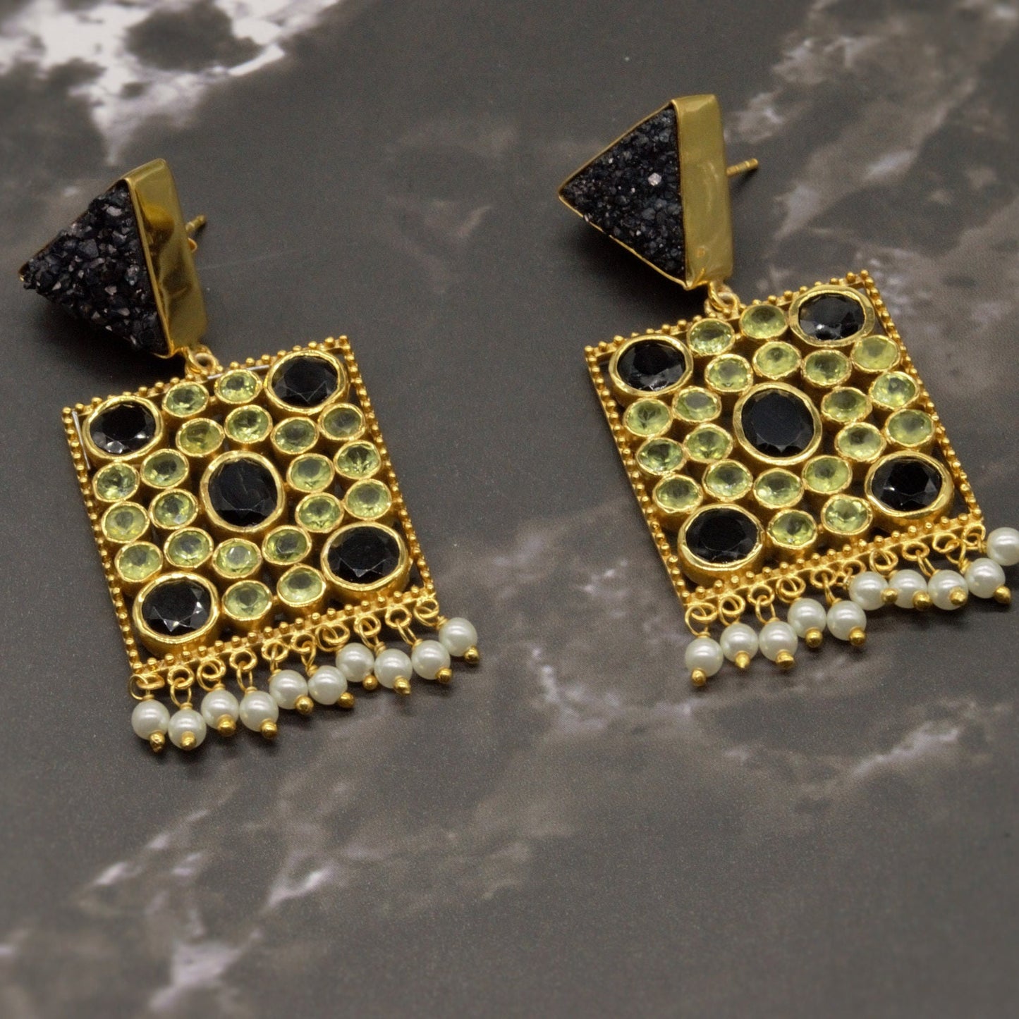 Black Agate, Onyx, Peridot Gold Earrings, August Birthstone Jewelry, Druzy Agate, Onyx Drop Earrings, Ethnic Indian Jhumka Earrings