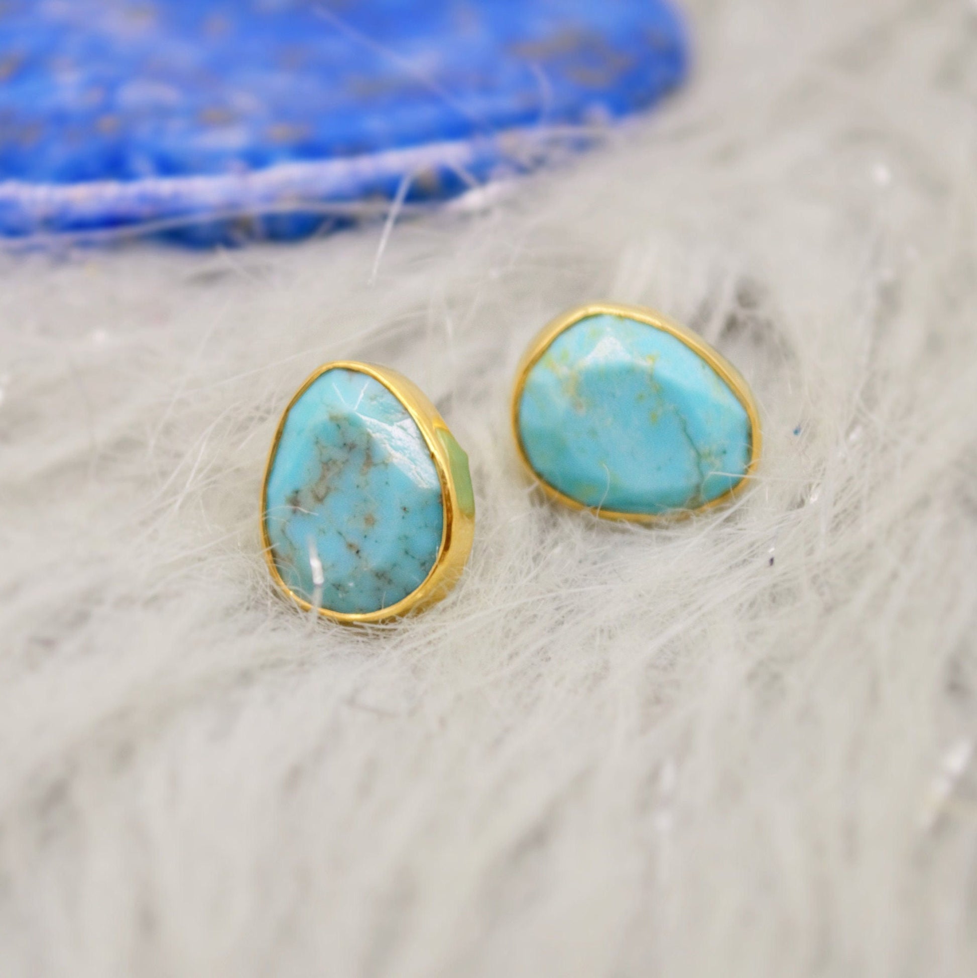 Blue Turquoise Gold Stud Earrings, Dainty Earrings, December Birthstone, Gold Plated Sterling Silver Stud, Birthday Gift For Her