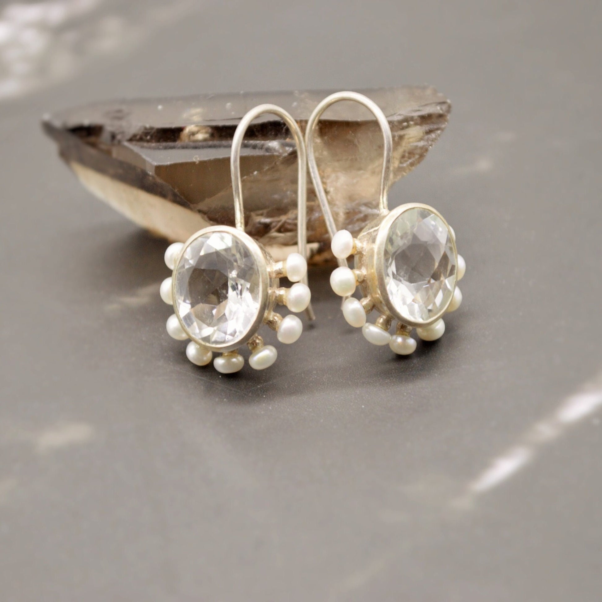 Clear Quartz, Pearl Earrings, Pearl Vintage Earrings, Sterling Silver Gemstone Earrings, June Birthstone Jewelry, Birthday Gifts For Her