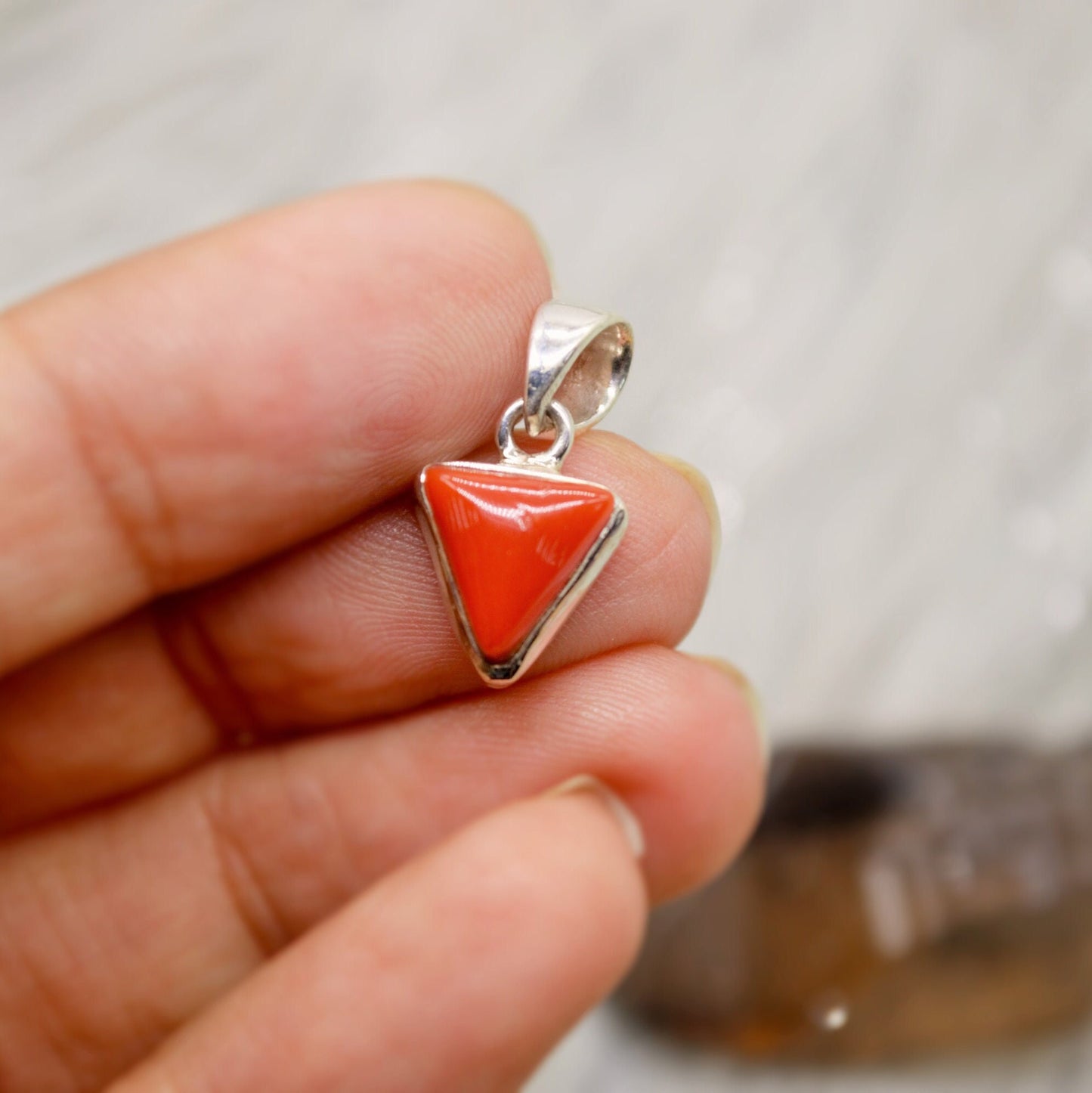 Red Coral Sterling Silver Pendant Necklace, Dainty Triangle Pendant, Everyday Gemstone Pendant, Coral Jewelry, Birthday Gifts For Her