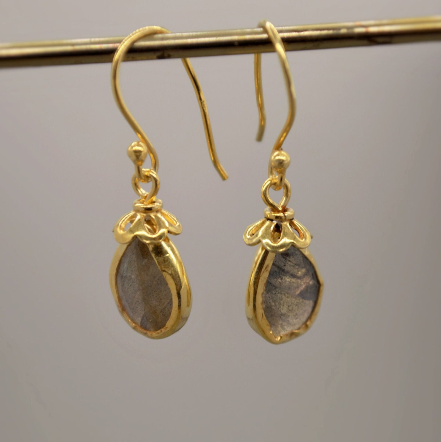 Labradorite Dangle Silver Earrings, Gold Plated Sterling Silver, Handmade Gemstone Earrings, Labradorite Stone Jewelry, Gift For Her