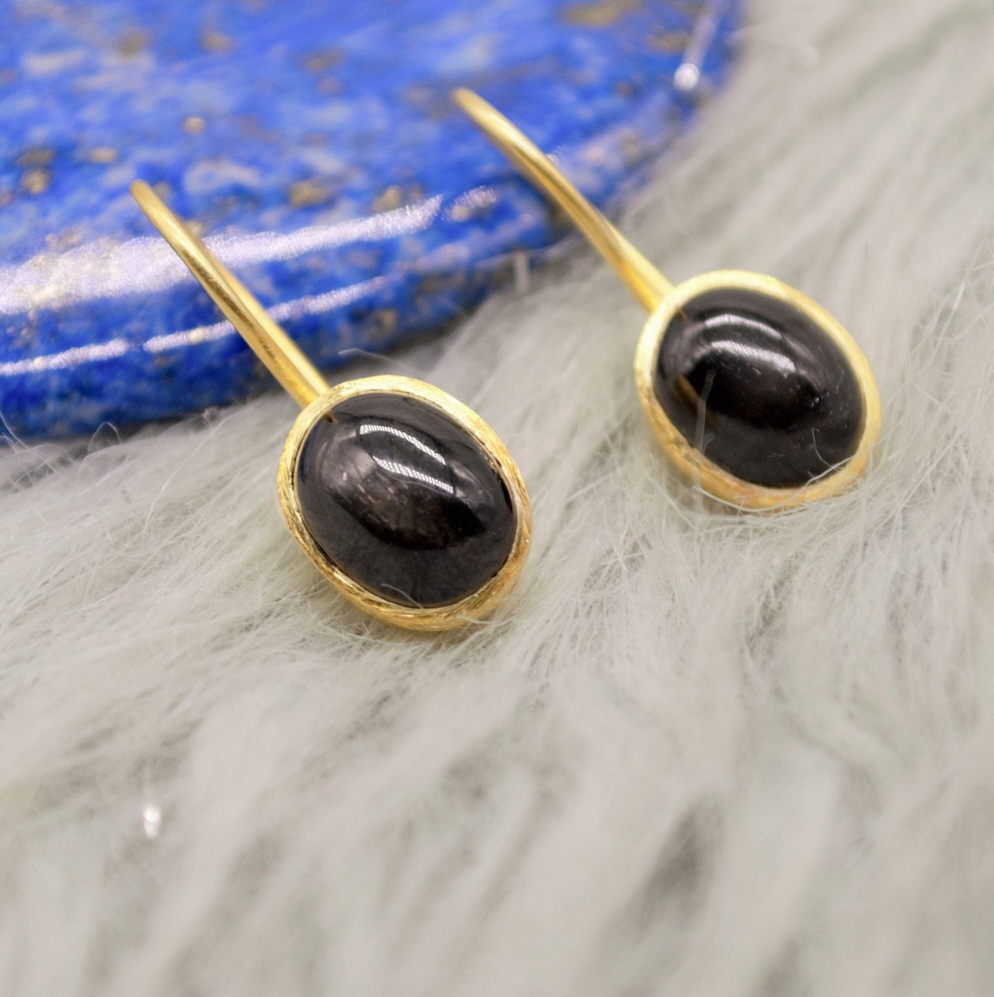Black Onyx Gold Earrings, Gold Plated Sterling Silver Statement Gemstone Earrings, Unique Dangle, Black Onyx Jewelry, Birthday Gift For Her