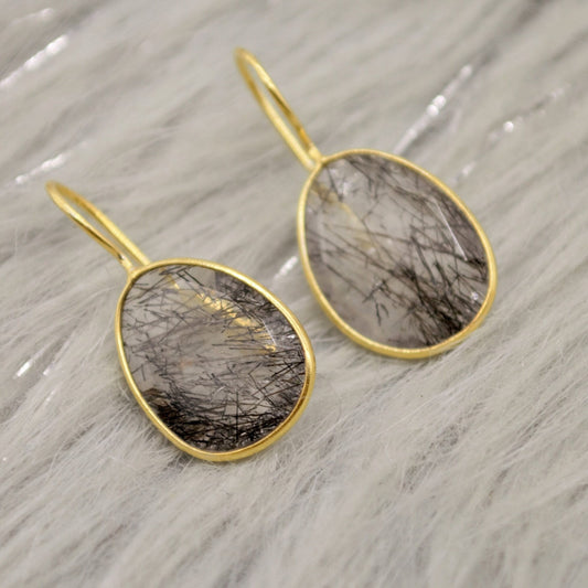 Black Rutilated Quartz Earrings, Gold Earrings, Gold Plated Sterling Silver, Everyday Minimalist Gemstone Earrings