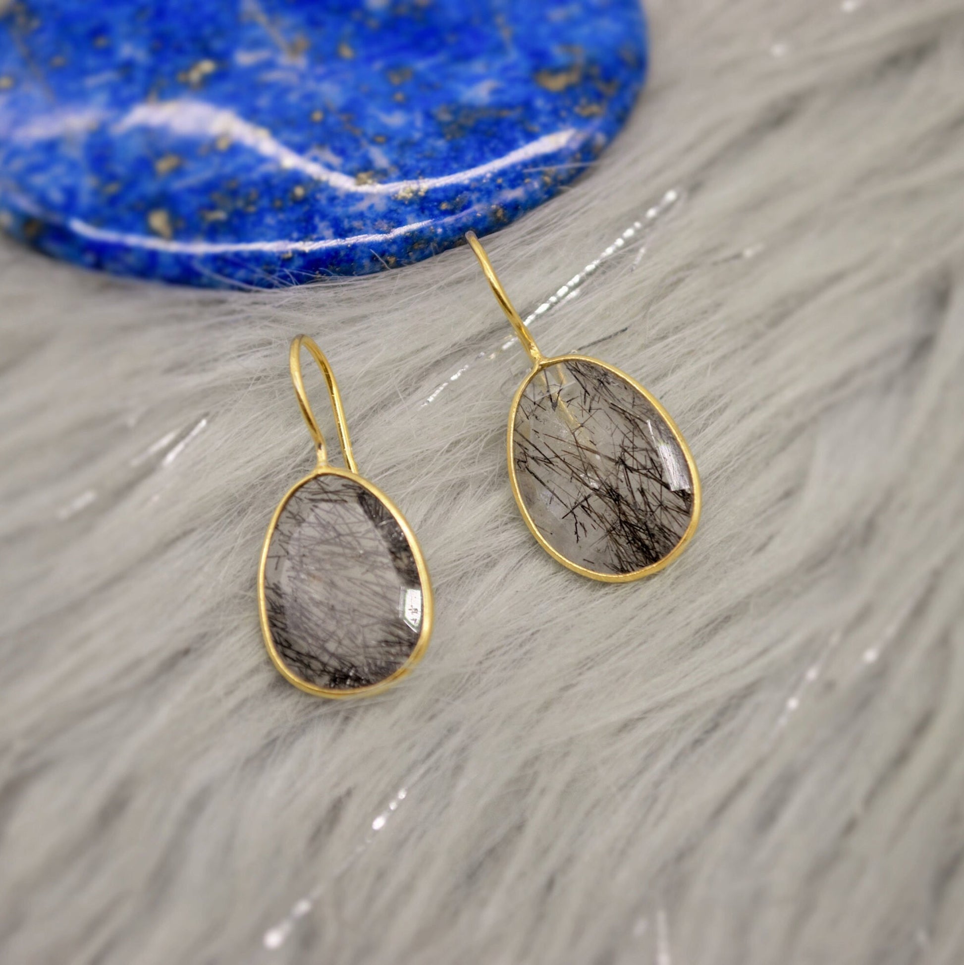 Black Rutilated Quartz Earrings, Gold Earrings, Gold Plated Sterling Silver, Everyday Minimalist Gemstone Earrings