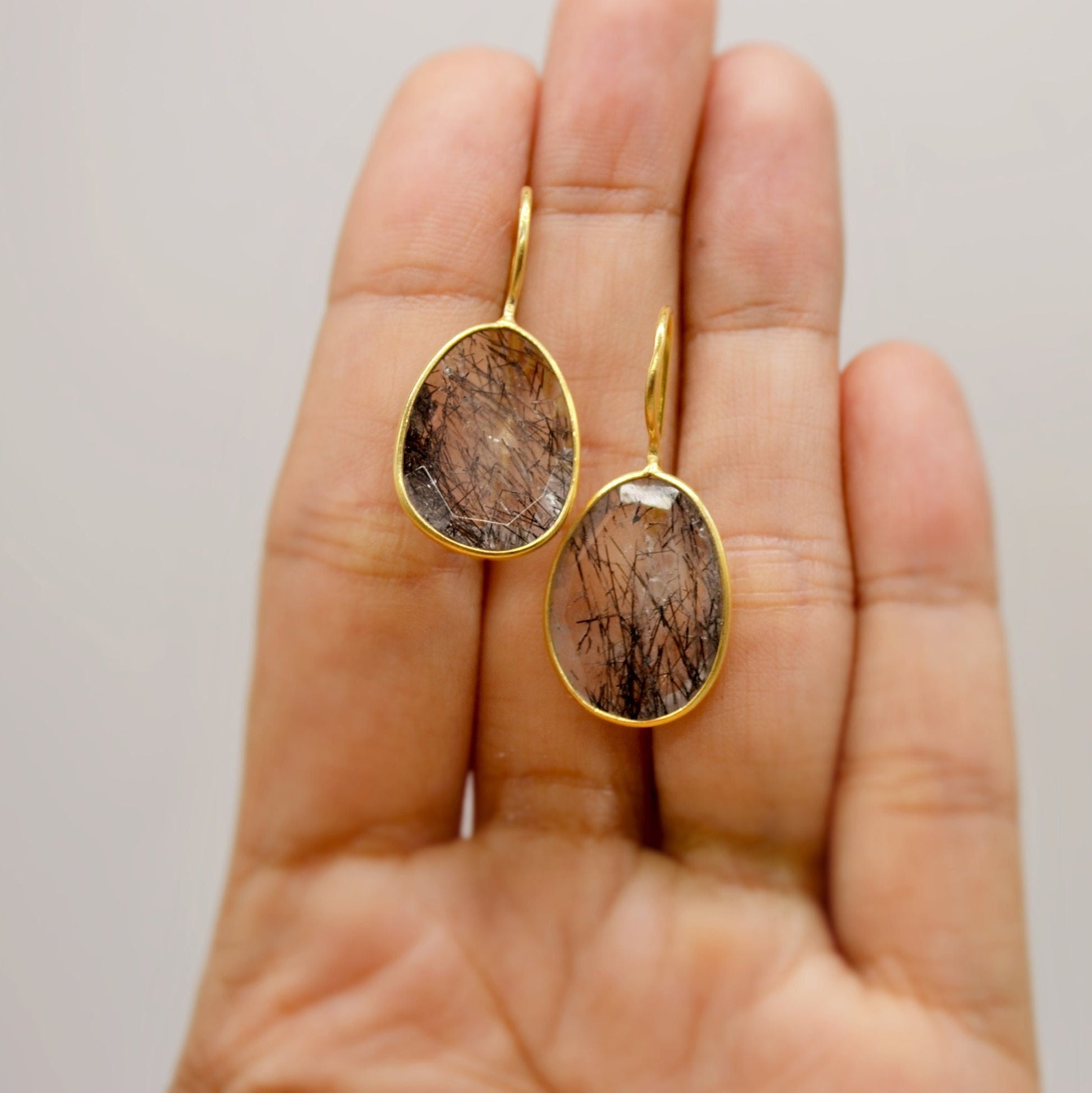 Black Rutilated Quartz Earrings, Gold Earrings, Gold Plated Sterling Silver, Everyday Minimalist Gemstone Earrings