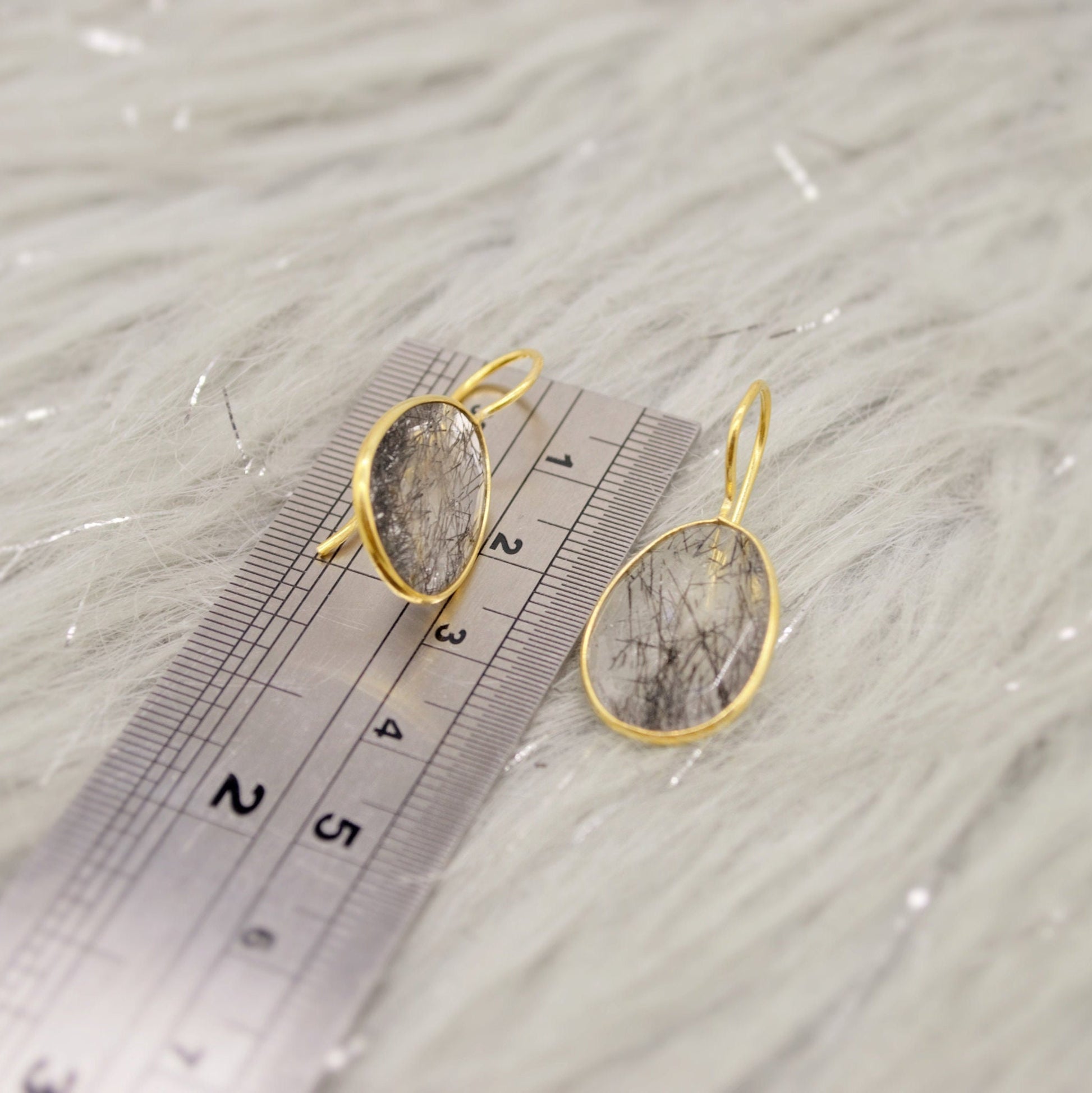 Black Rutilated Quartz Earrings, Gold Earrings, Gold Plated Sterling Silver, Everyday Minimalist Gemstone Earrings