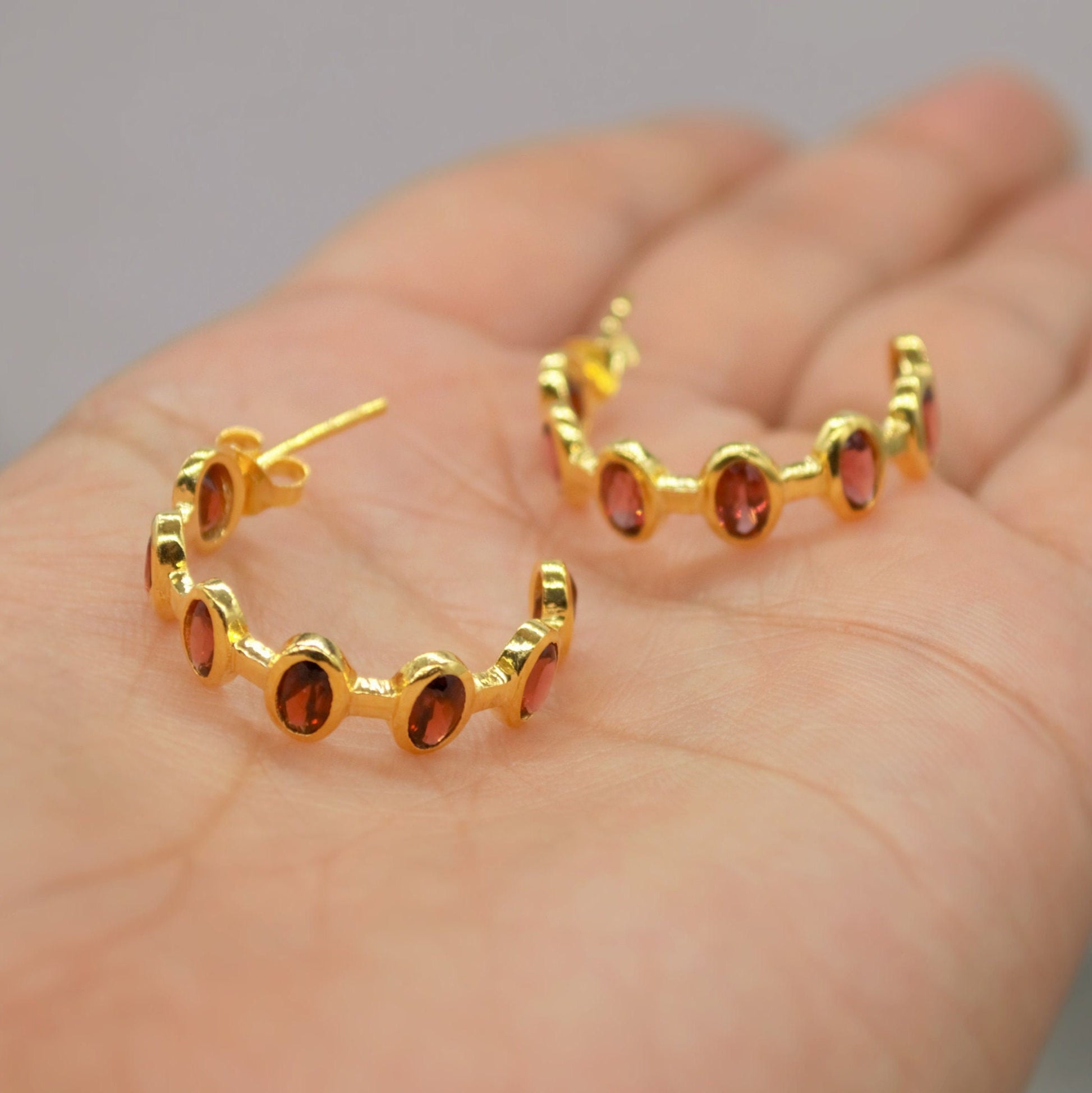Red Garnet Gold Hoop Earrings, Sterling Silver January Birthstone Earrings, Minimalist Red Huggies Earrings, Unique Birthday Gifts For Her