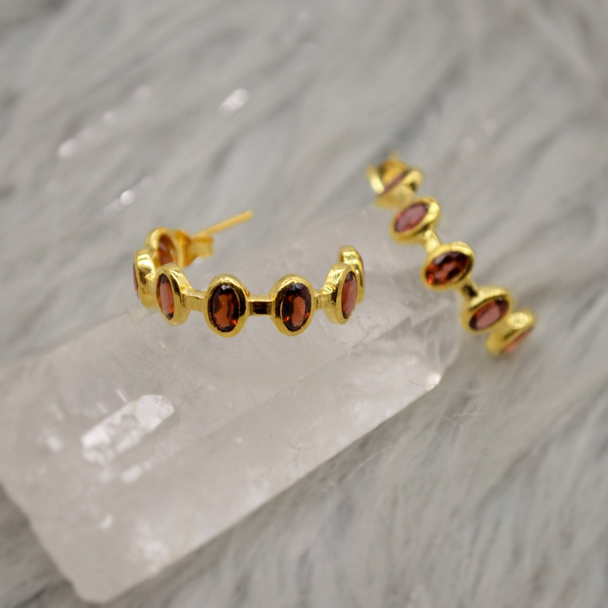 Red Garnet Gold Hoop Earrings, Sterling Silver January Birthstone Earrings, Minimalist Red Huggies Earrings, Unique Birthday Gifts For Her
