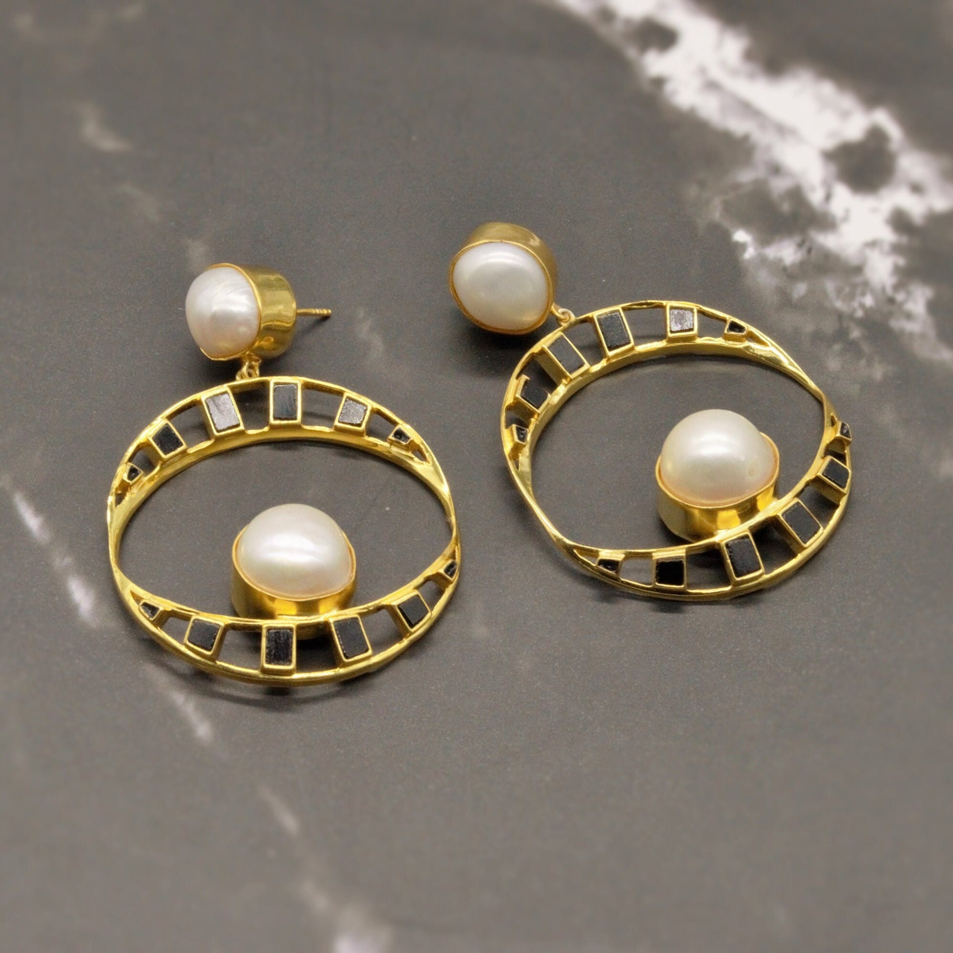 Pearl, Black Onyx Gold Earrings, June Birthstone Jewelry, Unique Statement Earrings, Gemstone Dangle Earrings, Birthday Gift for Her