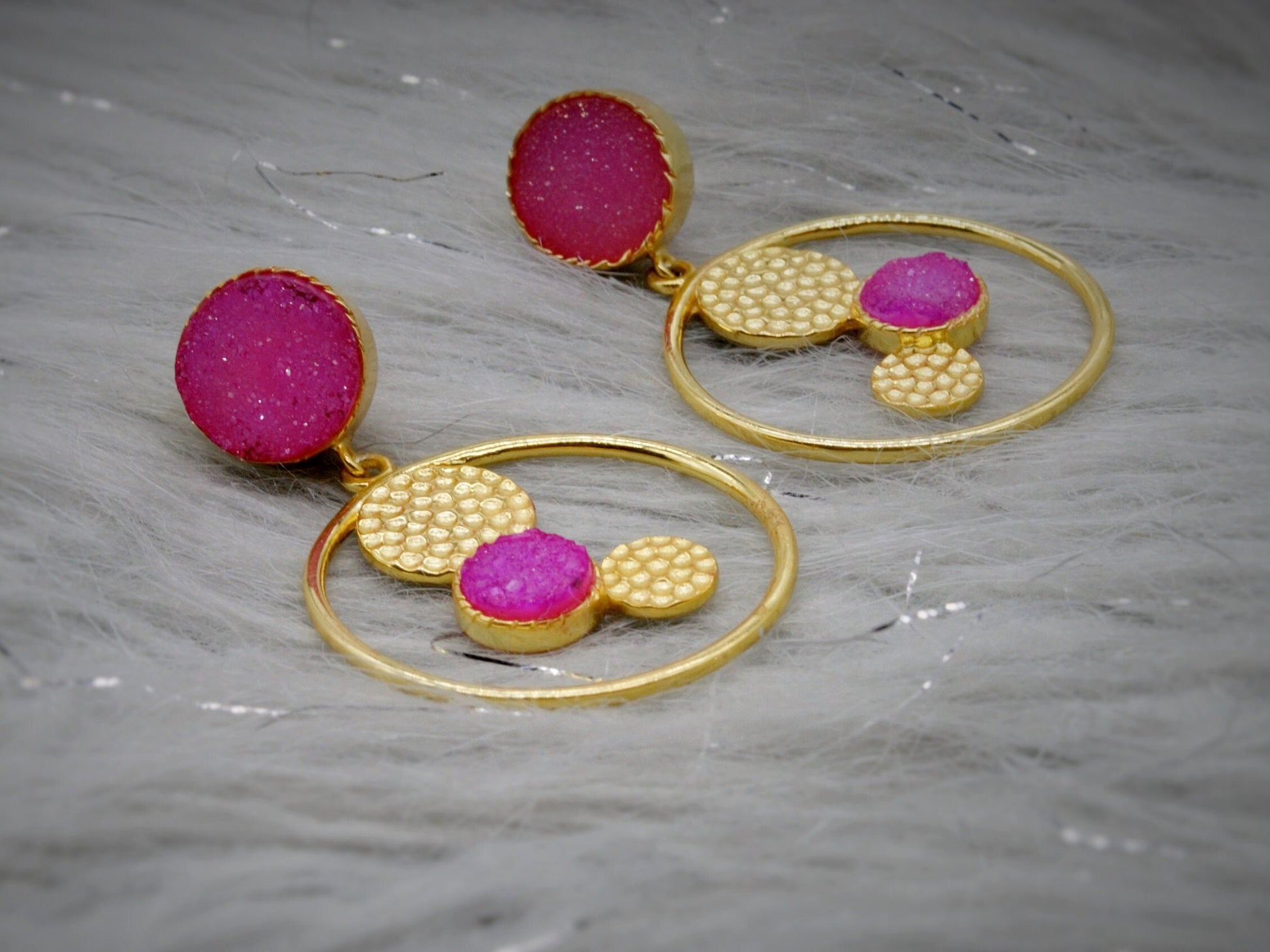Pink Druzy Agate Gold Earrings, Gold Plated Sterling Silver Earrings, Statement Jhumka Earrings, Gift For Her, Birthday Gift
