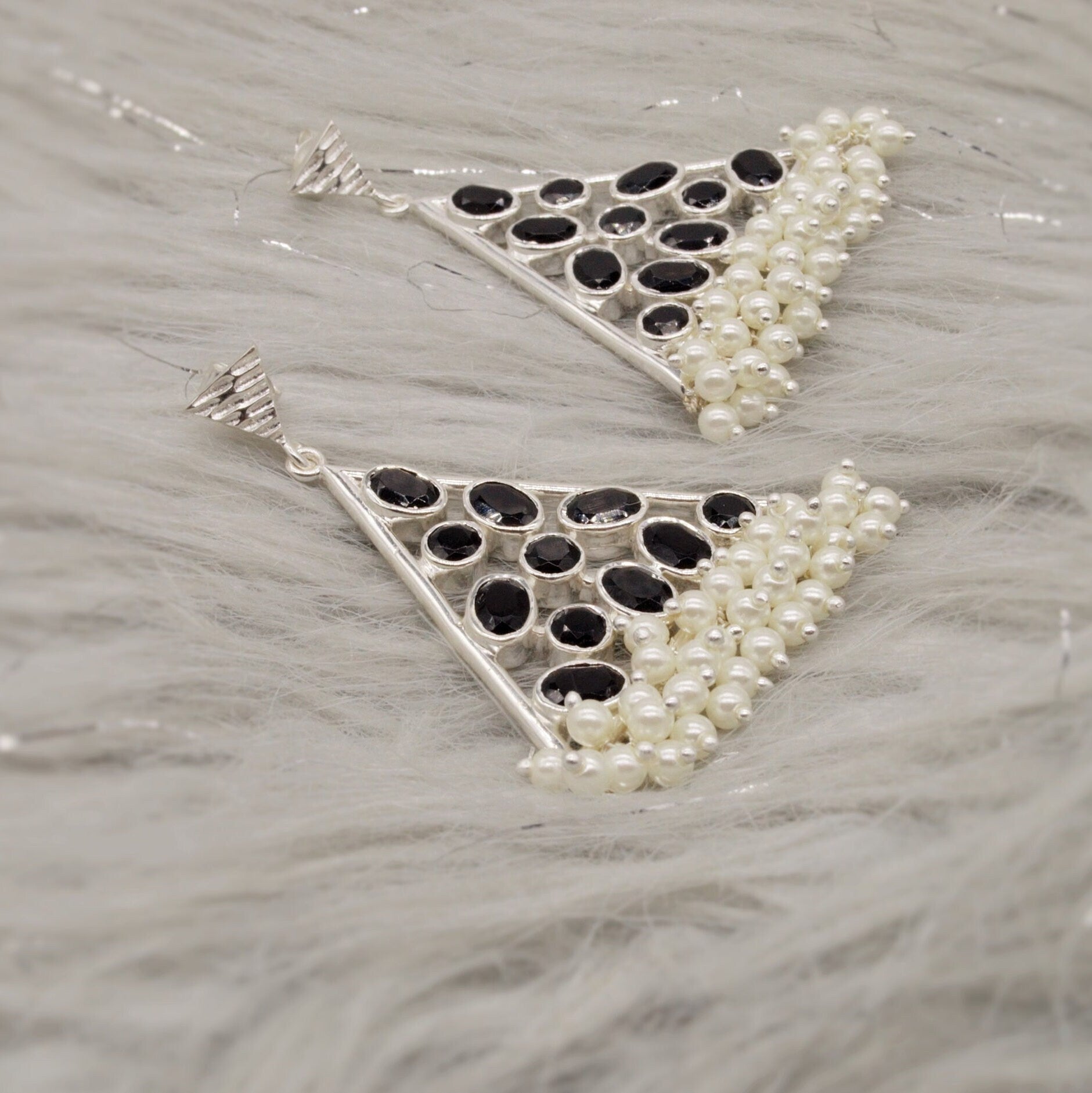 Black Onyx Pearl Earrings, Sterling Silver Earrings, June Birthstone, Statement Unique Gemstone Earrings, Gift For Her