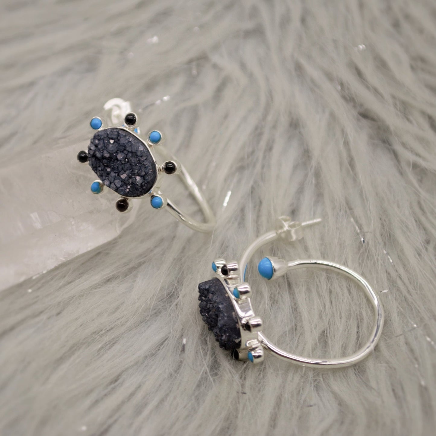 Black Onyx, Agate, Turquoise Earrings, Sterling Silver, Turquoise Birthstone Jewelry, Unique Druzy Gemstone Earrings