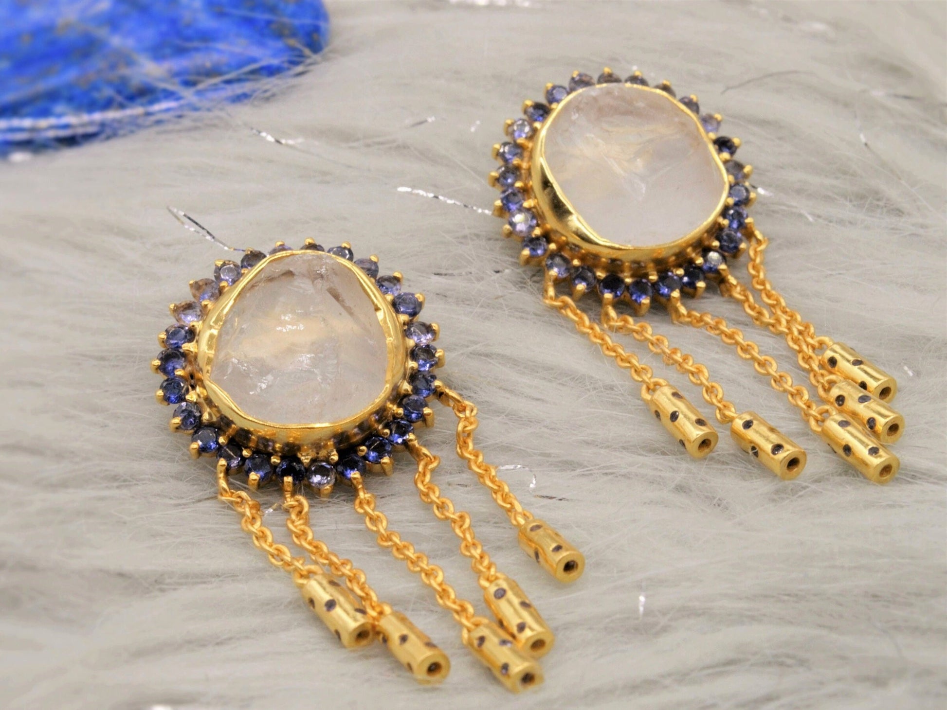 Iolite Clear Quartz Gold Earrings, Clear Quartz Crystal, Dangle Drop Earrings, Unique Gemstone Statement Earrings, Birthday Gift For Her