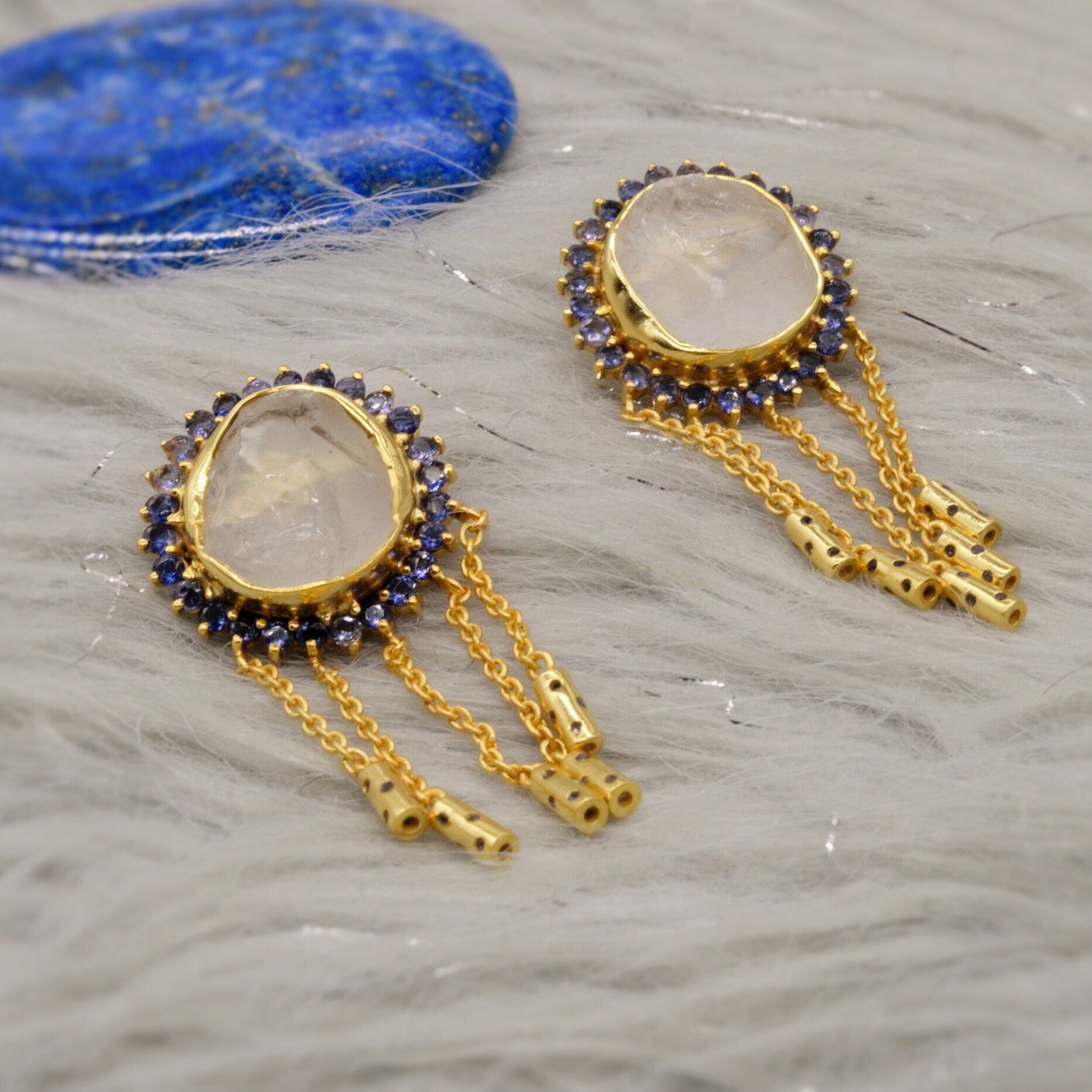 Iolite Clear Quartz Gold Earrings, Clear Quartz Crystal, Dangle Drop Earrings, Unique Gemstone Statement Earrings, Birthday Gift For Her