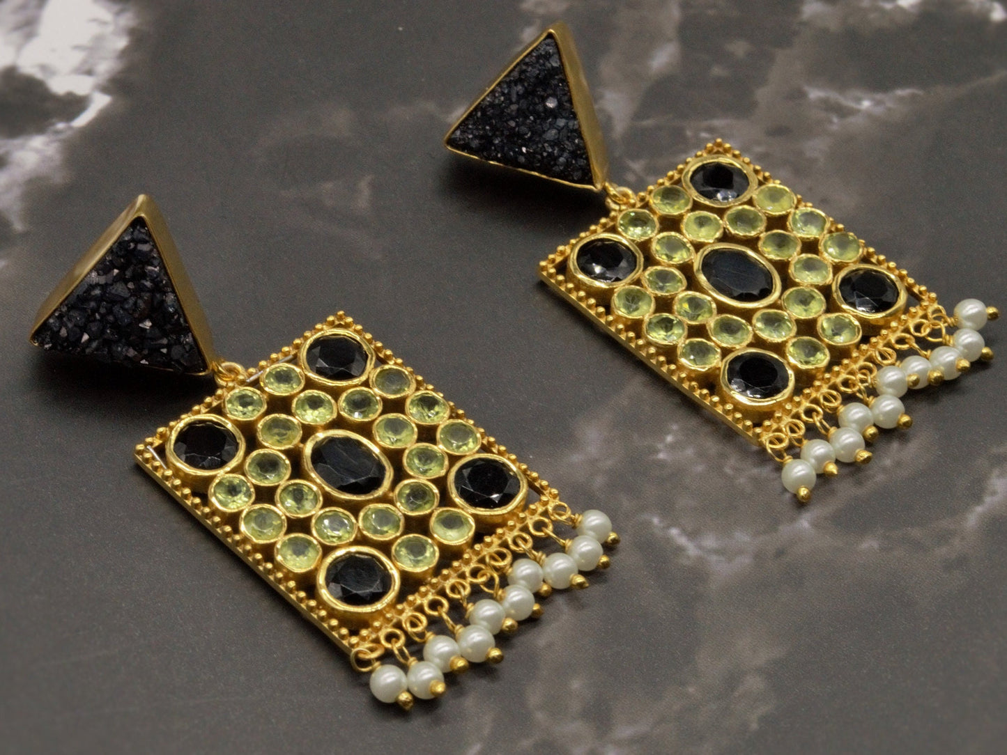Black Agate, Onyx, Peridot Gold Earrings, August Birthstone Jewelry, Druzy Agate, Onyx Drop Earrings, Ethnic Indian Jhumka Earrings