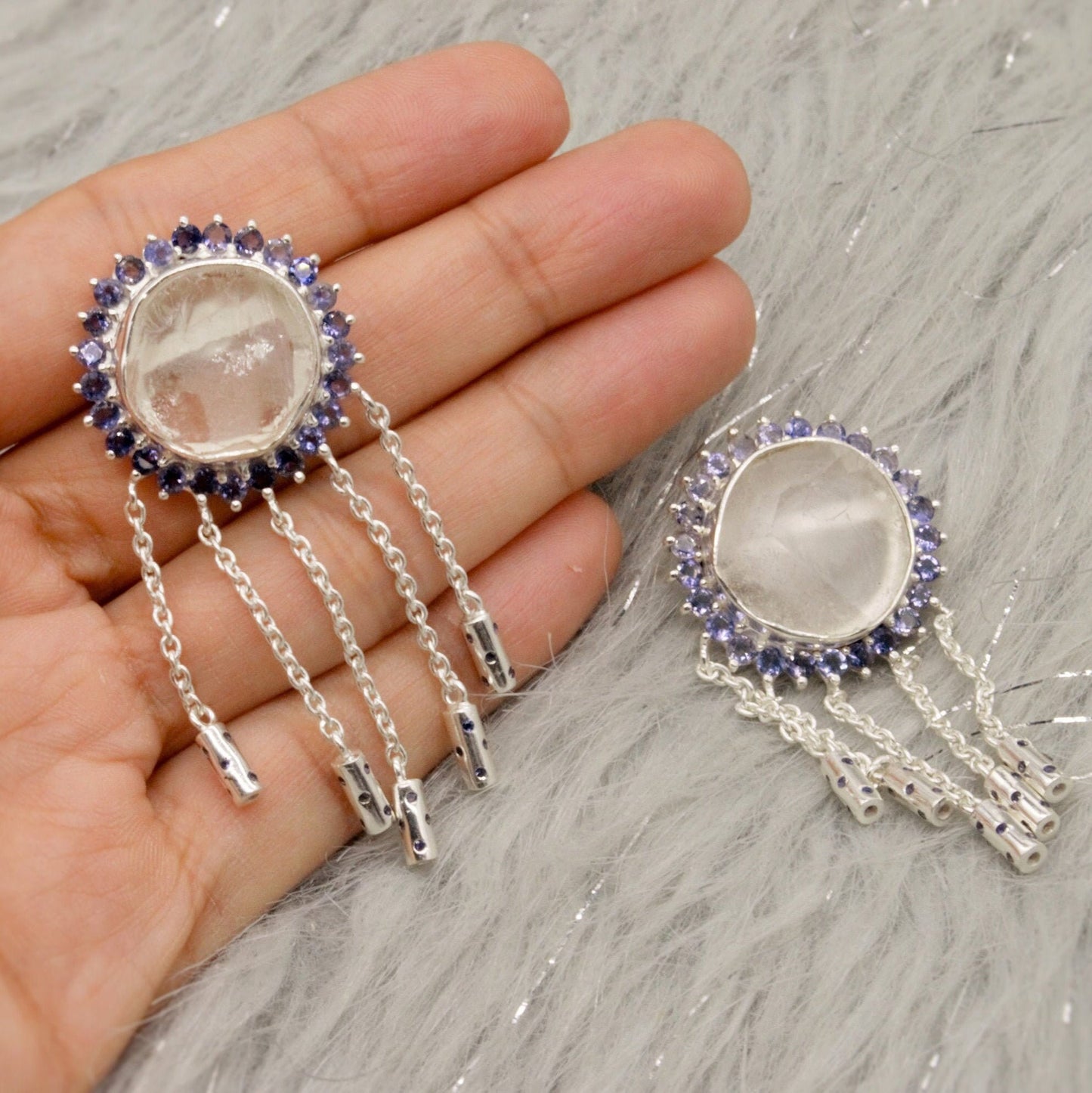 Iolite, Clear Quartz Silver Drop Earrings, Clear Quartz Crystal, Unique Statement Gemstone Jhumka Earrings Bridesmaid Gifts for Her