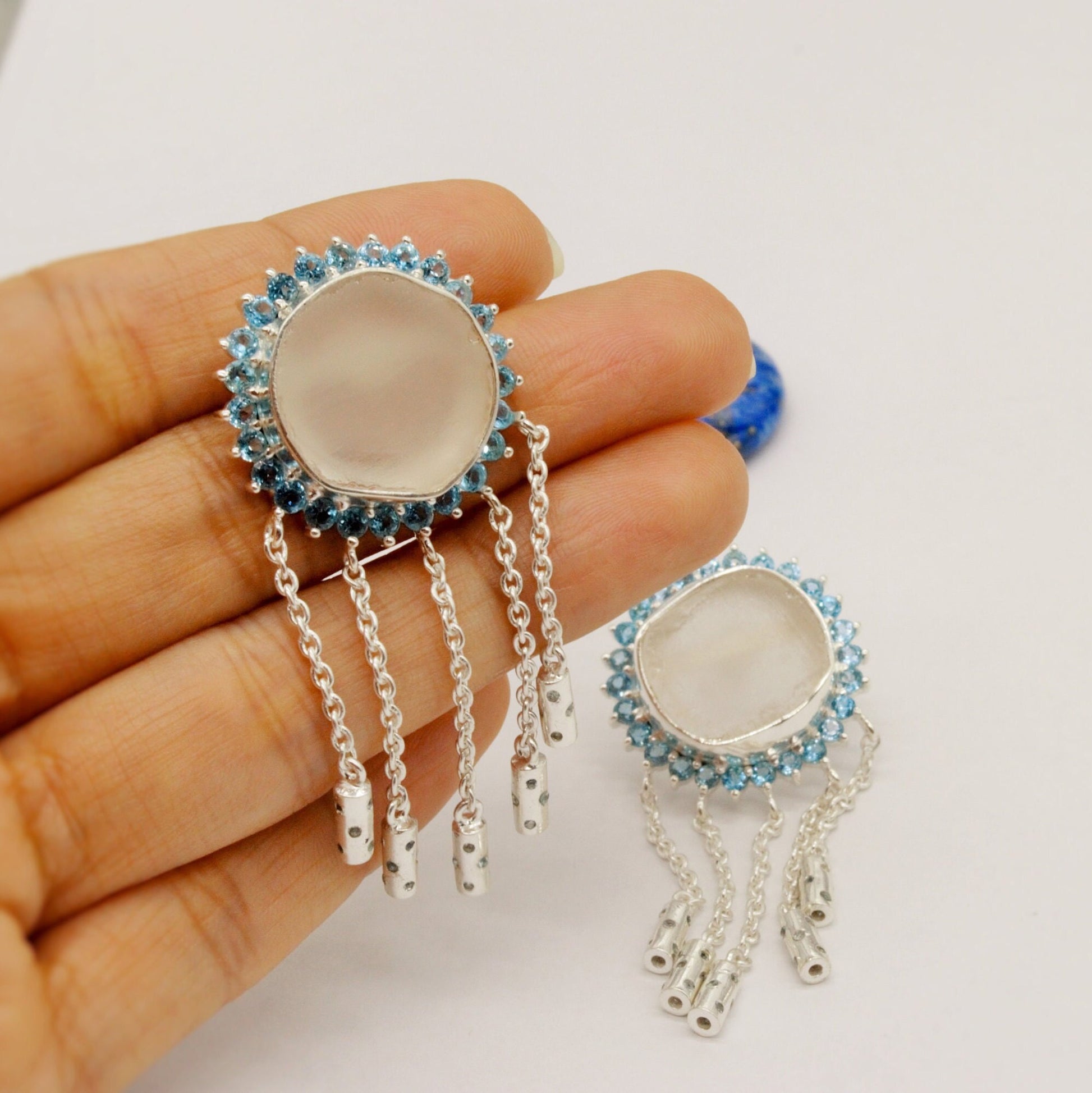 Blue Topaz Clear Quartz Silver Earrings, Clear Quartz Crystal, Unique Statement Earrings, December Birthstone, Chandelier Earrings