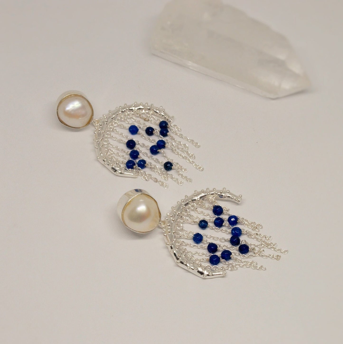 Blue Aventurine, Pearl Silver Earrings, June Birthstone Jewelry, Unique Gemstone Earrings, Indian Jhumka Earrings, Gift For Her