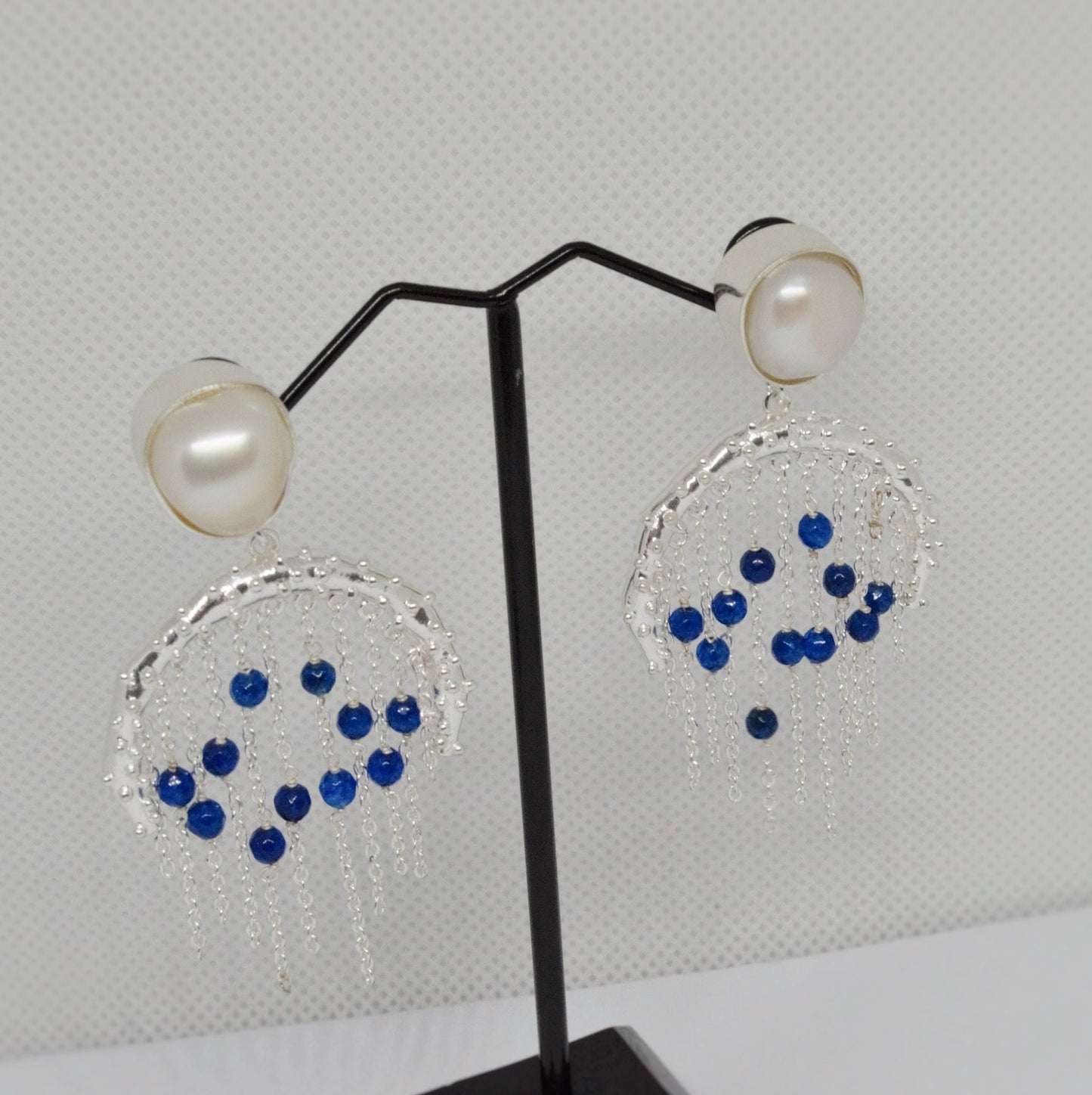 Blue Aventurine, Pearl Silver Earrings, June Birthstone Jewelry, Unique Gemstone Earrings, Indian Jhumka Earrings, Gift For Her