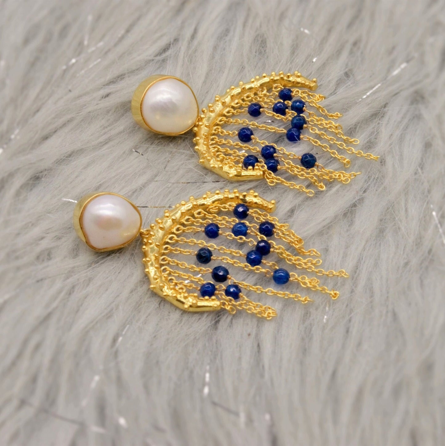 Blue Aventurine, Pearl Gold Earrings, June Birthstone, Statement Unique Drop Earrings, Jhumka Earrings, Gifts For Her, Birthday Gift