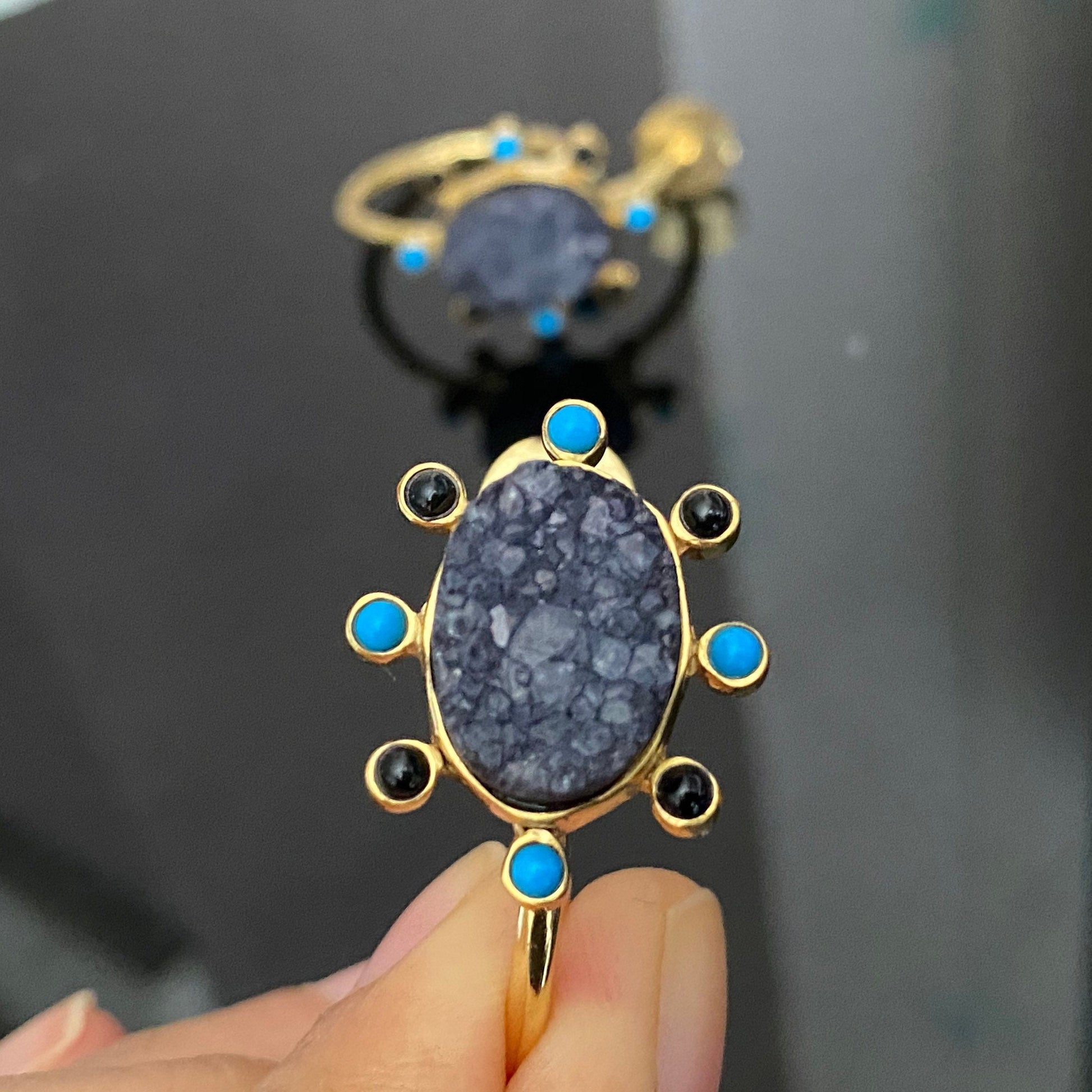 Black Onyx, Agate, Turquoise Gold Earrings, Druzy Earrings, Unique Gemstone Earrings, Birthday Gifts For Women