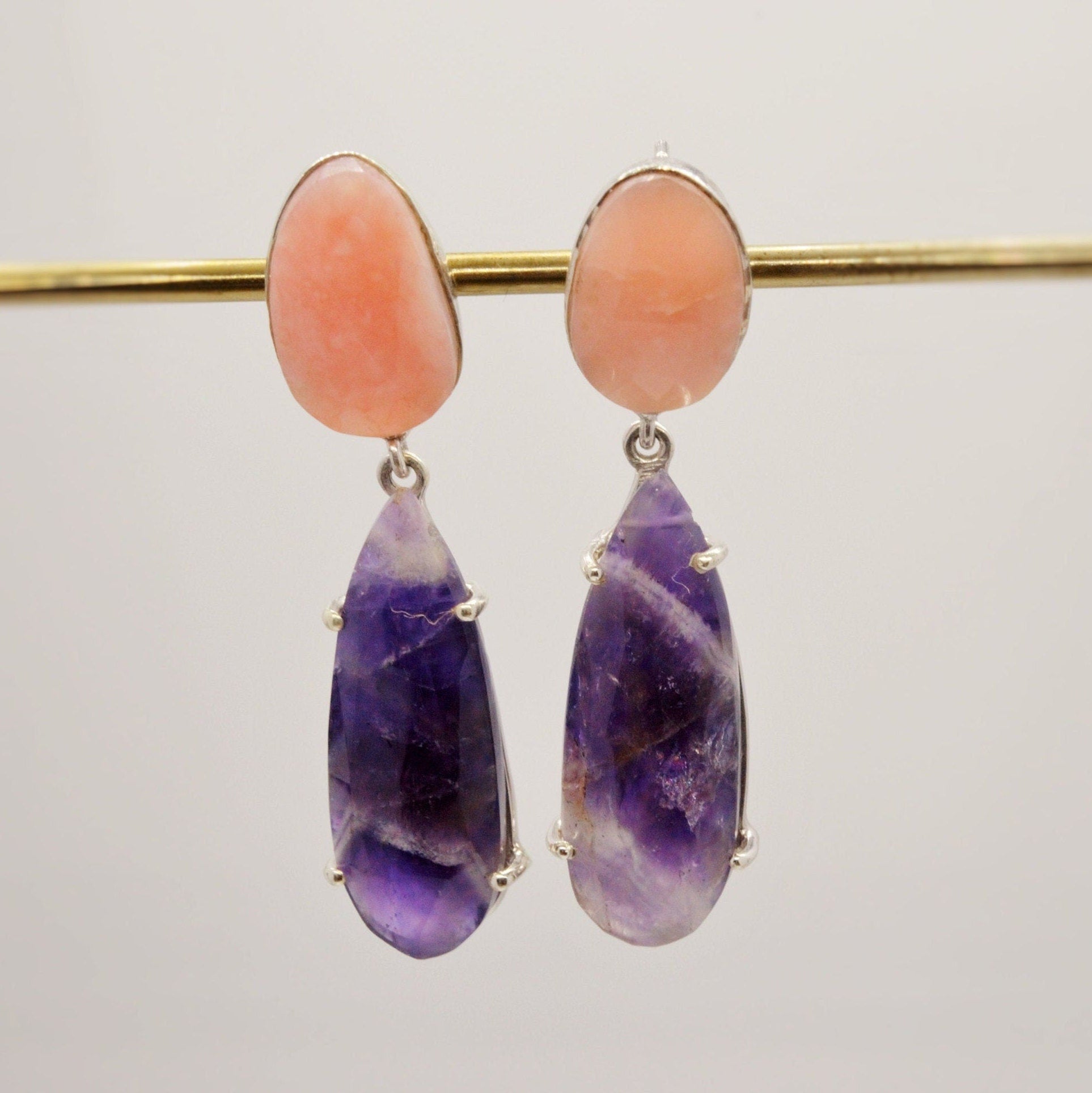 Pink Opal, Amethyst Silver Earrings, February Birthstone Amethyst Jewelry, Opal Dangle Earrings, Gifts For Her, Blue Peacock Earrings