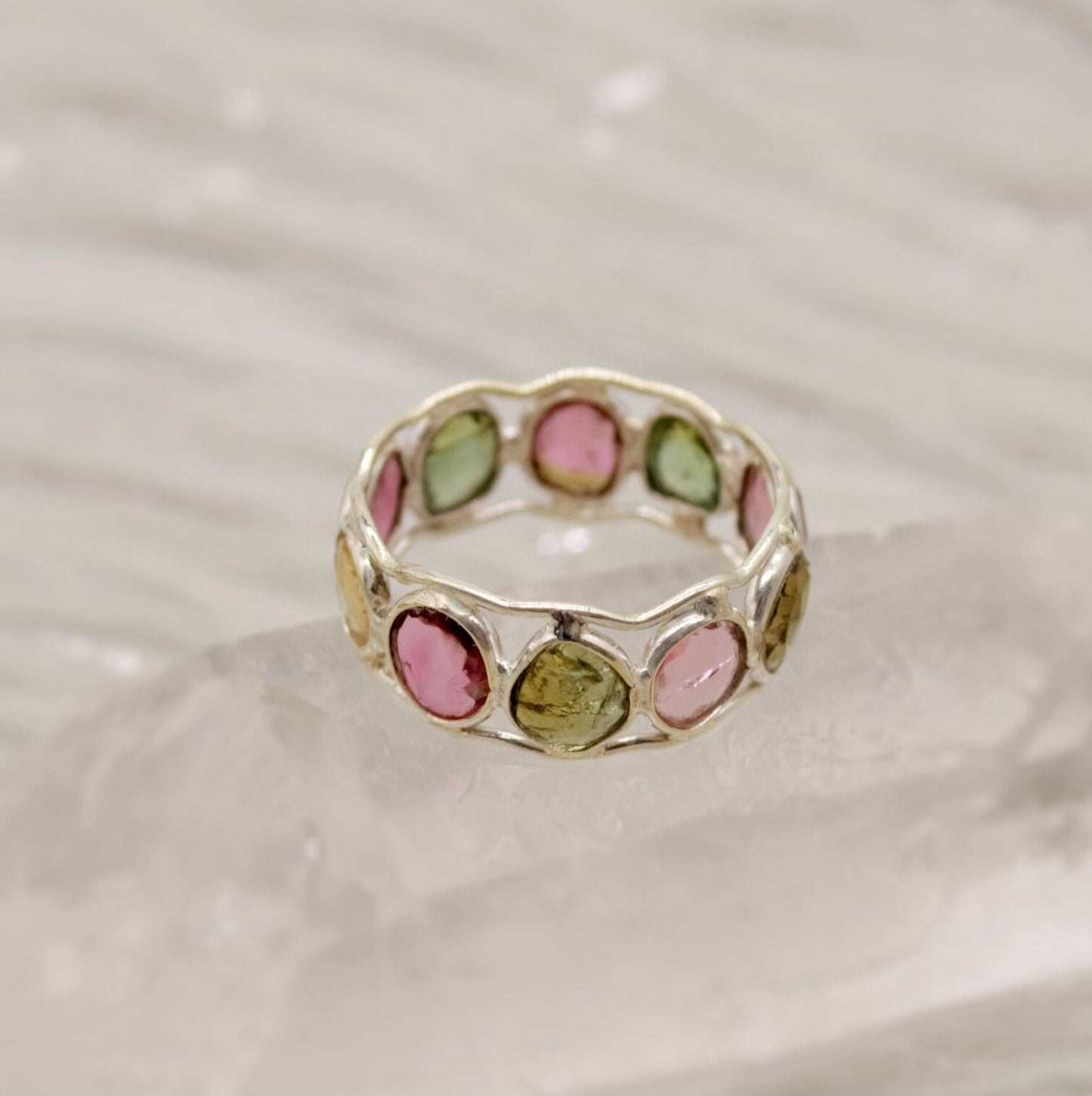 Tourmaline Ring, Stacking Silver Ring, Raw Gem Ring, Green, Pink Tourmaline Jewelry, Rings for Women, October Birthstone, Gift for Her