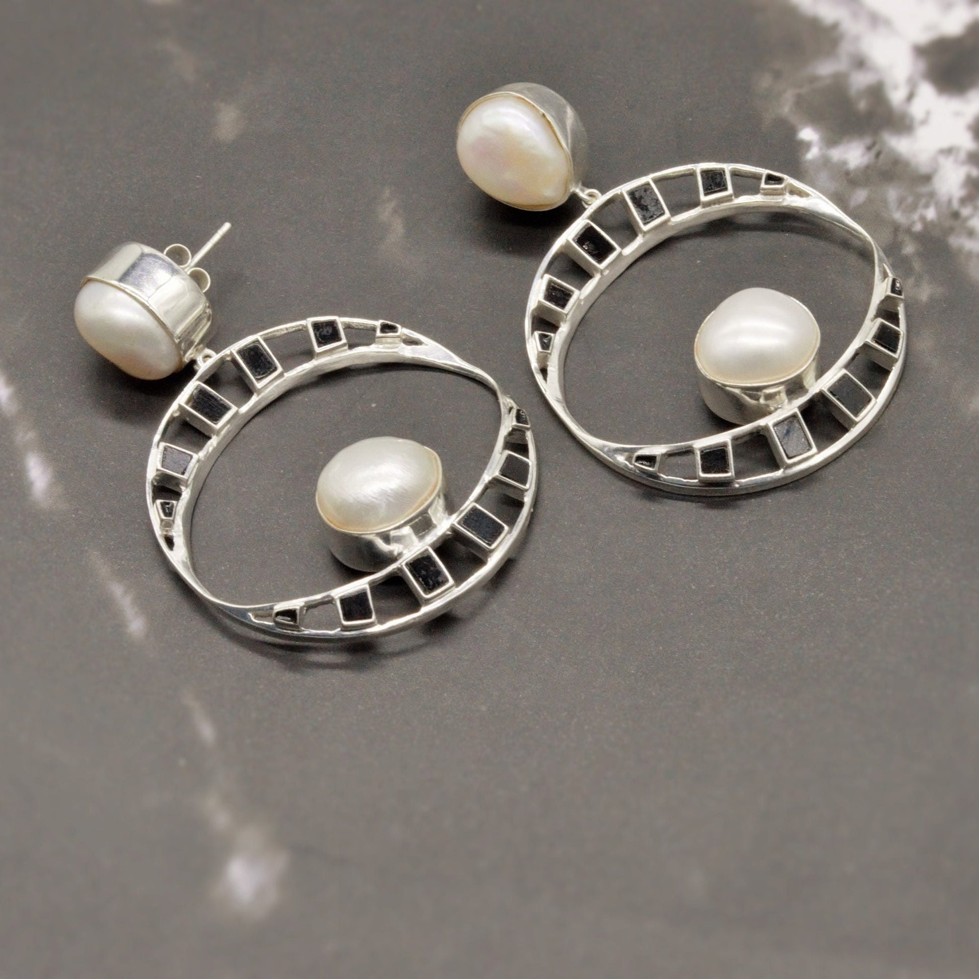 Pearl, Black Onyx Silver Earrings, June Birthstone Jewelry, Gemstone Dangle Earrings, 925 Sterling Silver, Birthday Gift for Her