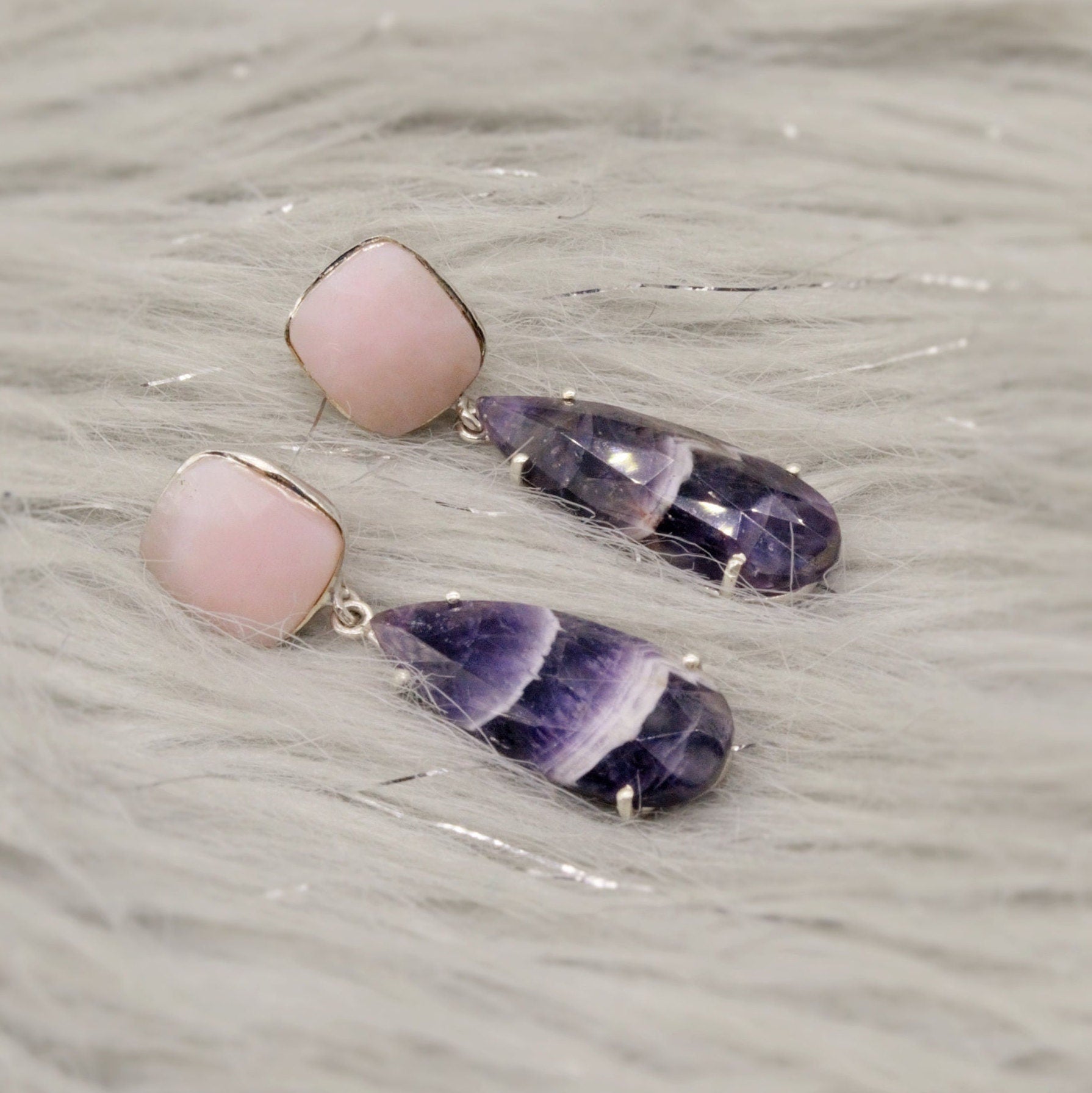 Pink Opal, Amethyst Silver Earrings, February Birthstone Amethyst Jewelry, Opal Dangle Earrings, Gifts For Her, Blue Peacock Earrings