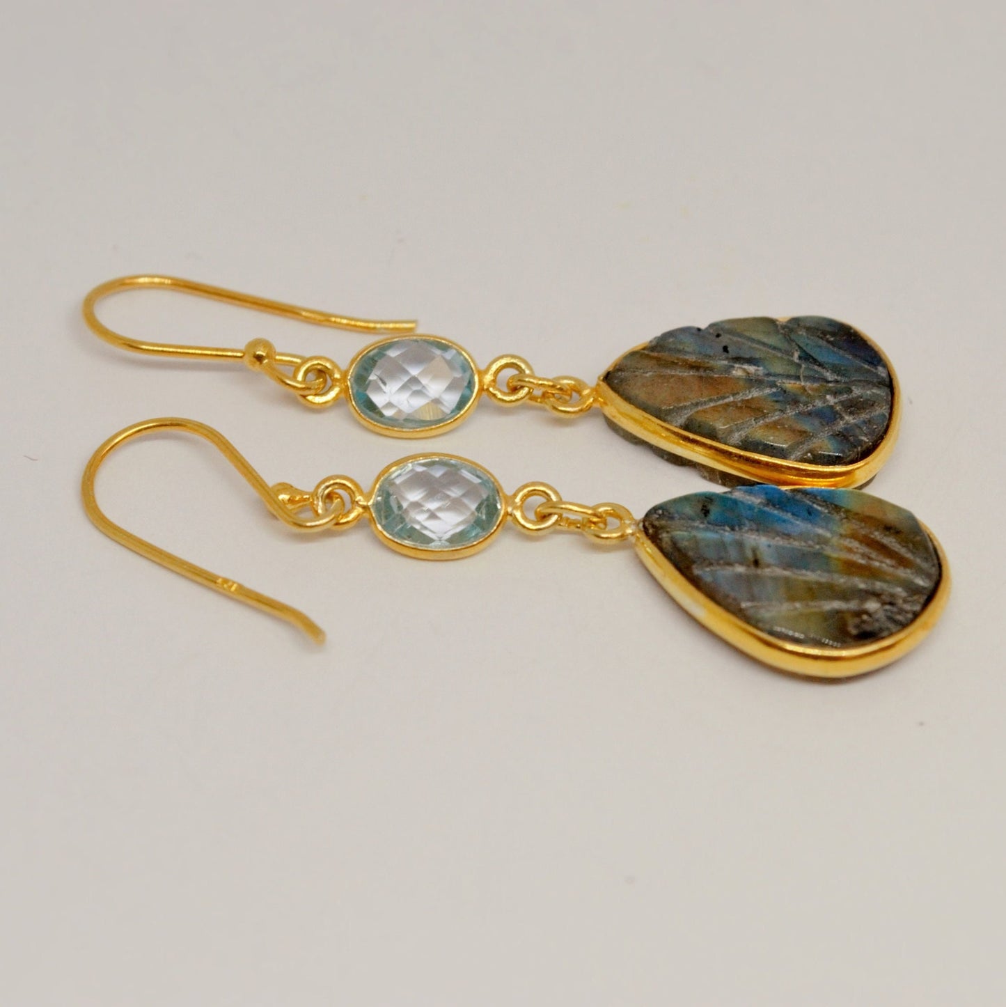 Labradorite, Blue Topaz Earrings, Dangle Gemstone Earrings, Unique Gold Plated Sterling Silver Earrings, December Birthstone, Gift For Her
