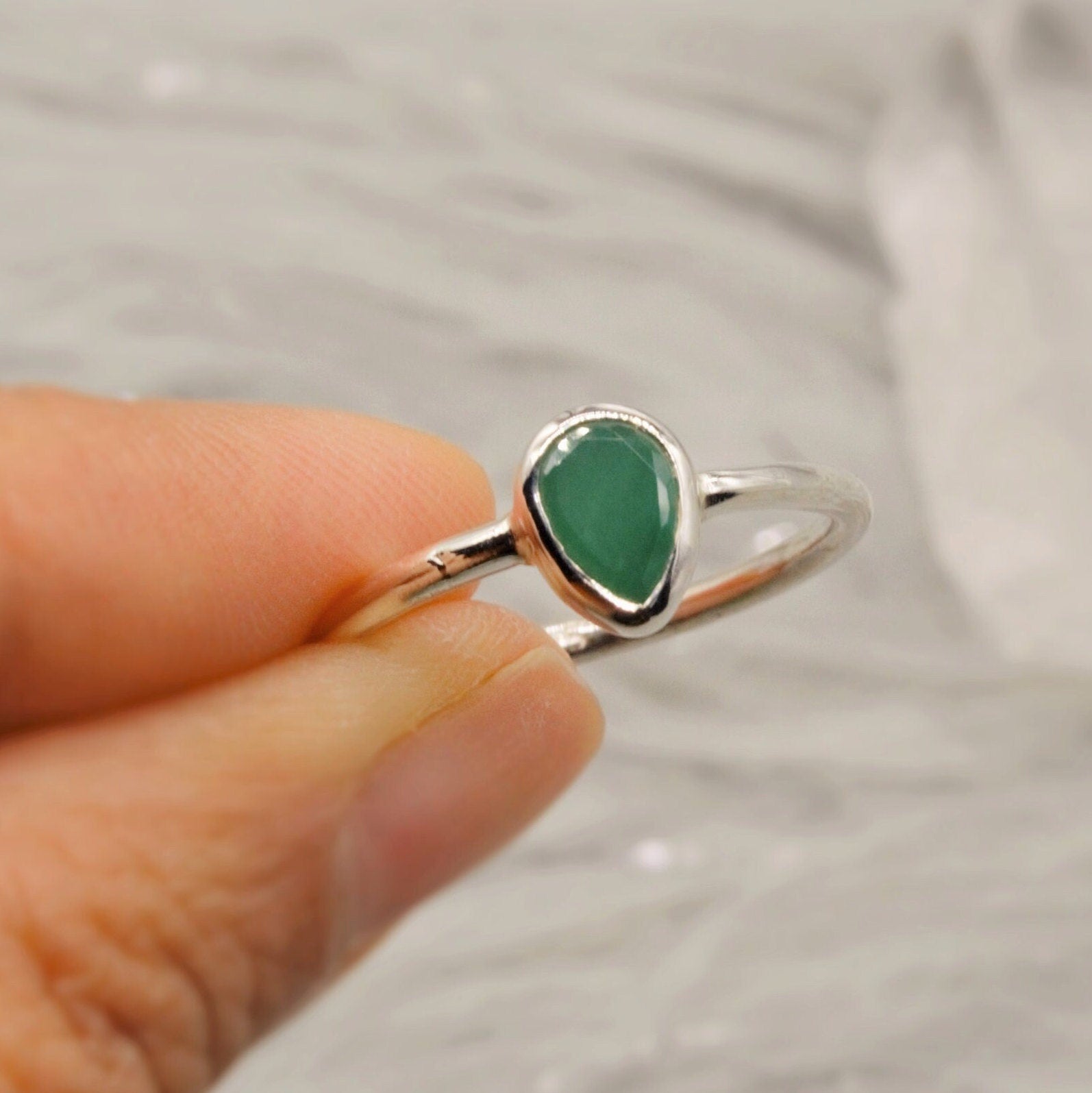Emerald Ring, Green Dainty Silver Ring, Emerald Jewelry, Sterling Silver, May Birthstone, Rings for Women, Handmade Stacking Ring, Birthday