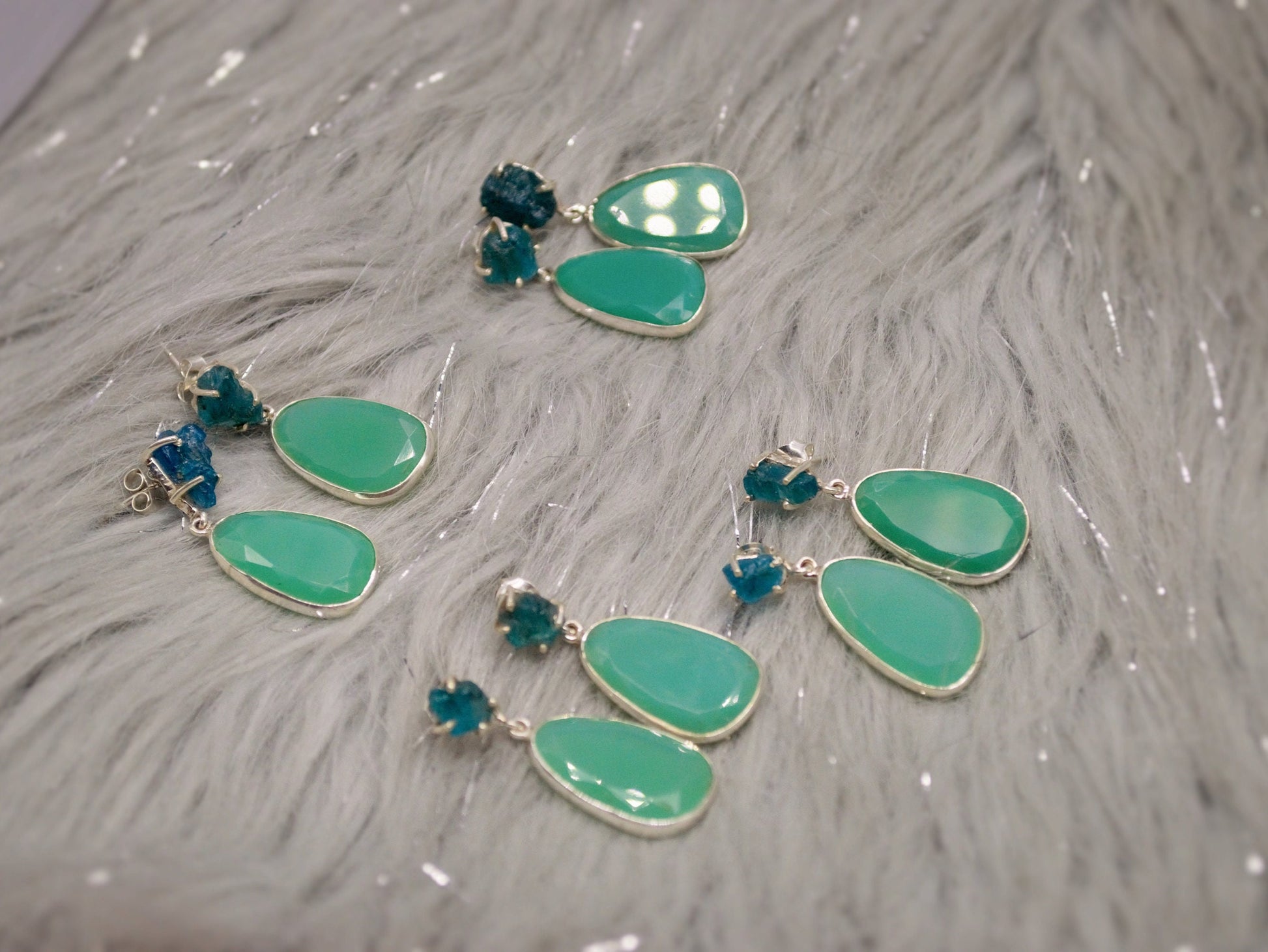 Chalcedony, Blue Apatite Earrings, Sterling Silver, Chalcedony Jewelry, Green Earrings, Gifts For Her, Gemstone Dangle Drop Earrings