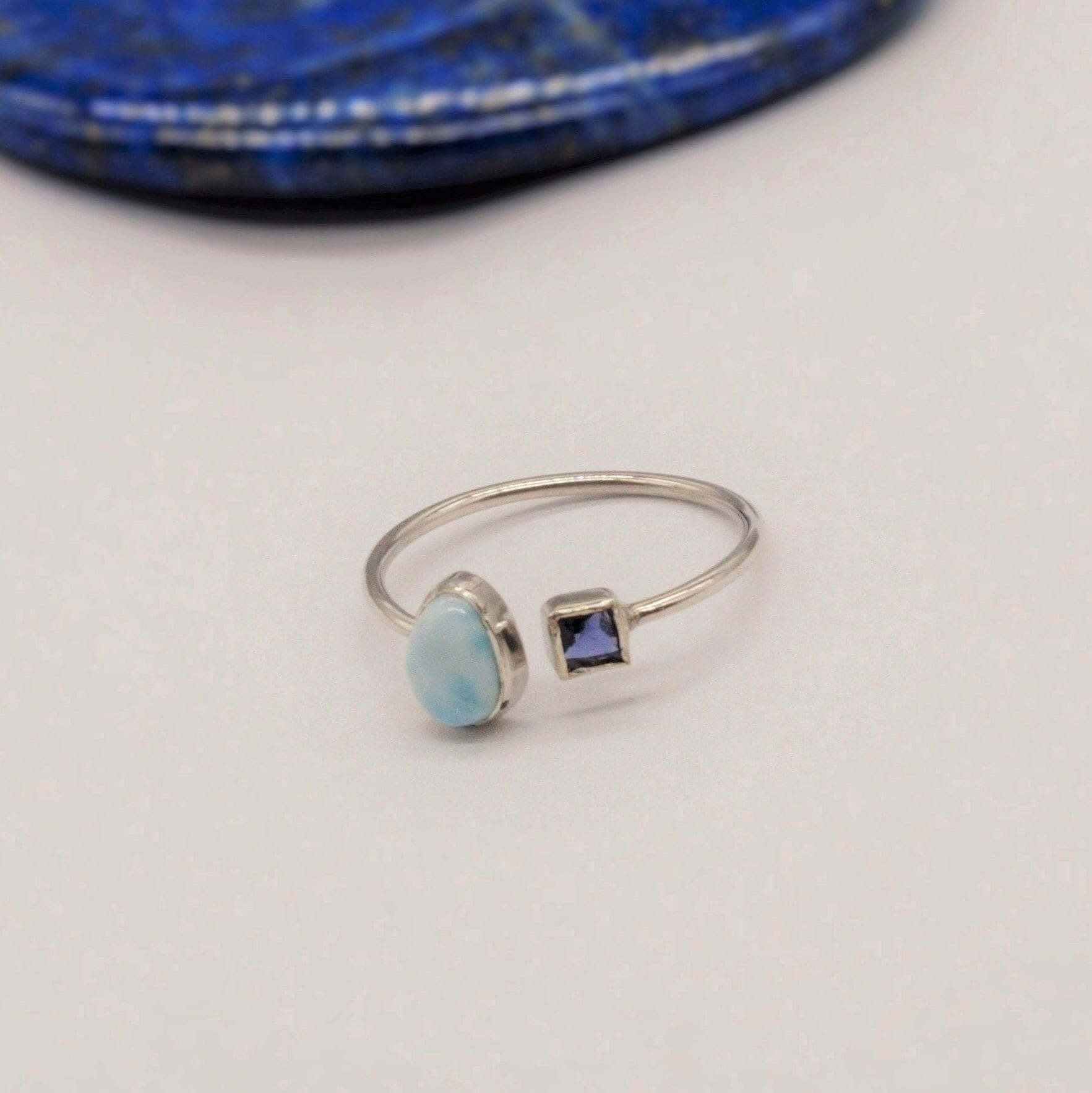 Blue Larimar, Iolite Sterling Silver Ring, Dainty Ring, Open Ring, Gemstone Ring, Rings for Women, Birthday Gift For Her, Mom Gift