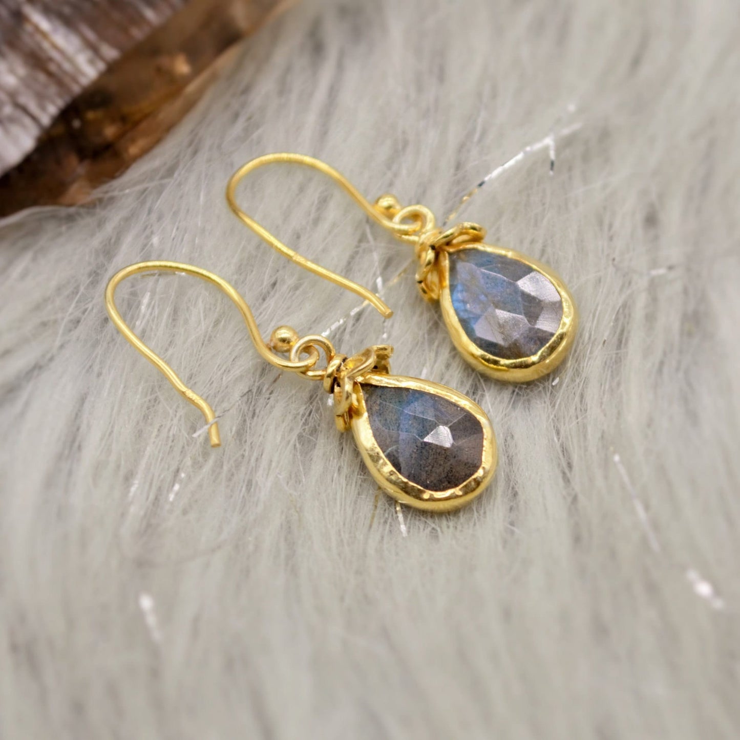 Labradorite Dangle Silver Earrings, Gold Plated Sterling Silver, Handmade Gemstone Earrings, Labradorite Stone Jewelry, Gift For Her