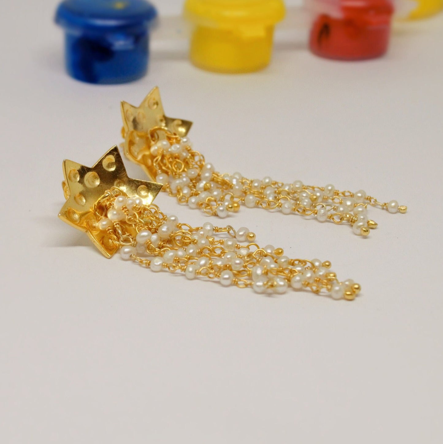 Pearl Earrings, Gold Chandelier Earrings, Minimalist Jhumka Drop Earrings, June Birthstone Earrings, Ethnic Indian Gemstone Earrings