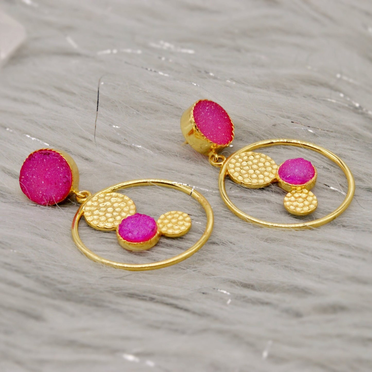 Pink Druzy Agate Gold Earrings, Gold Plated Sterling Silver Earrings, Statement Jhumka Earrings, Gift For Her, Birthday Gift