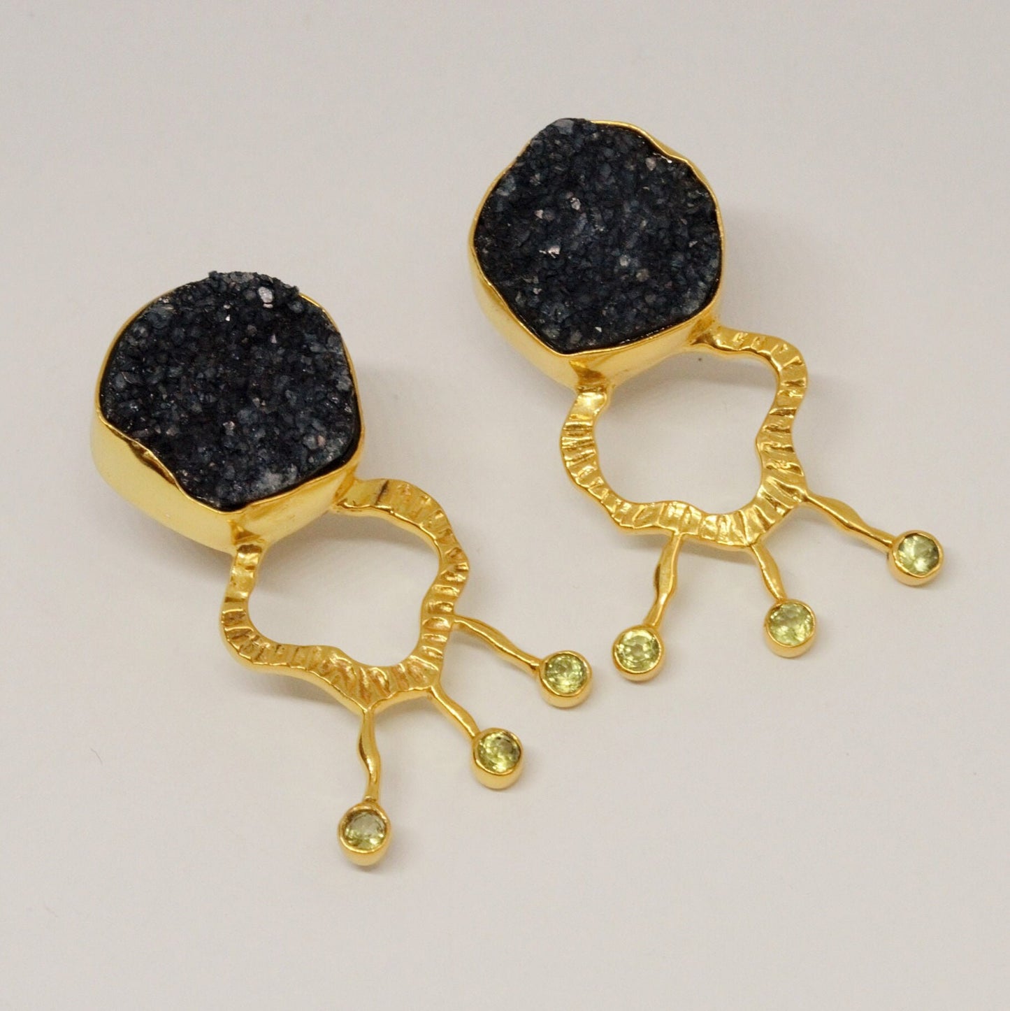 Black Agate, Peridot Gold Earrings, Druzy Earrings, August Birthstone, Peridot Jewelry, Statement Gemstone Earrings, Gift for her