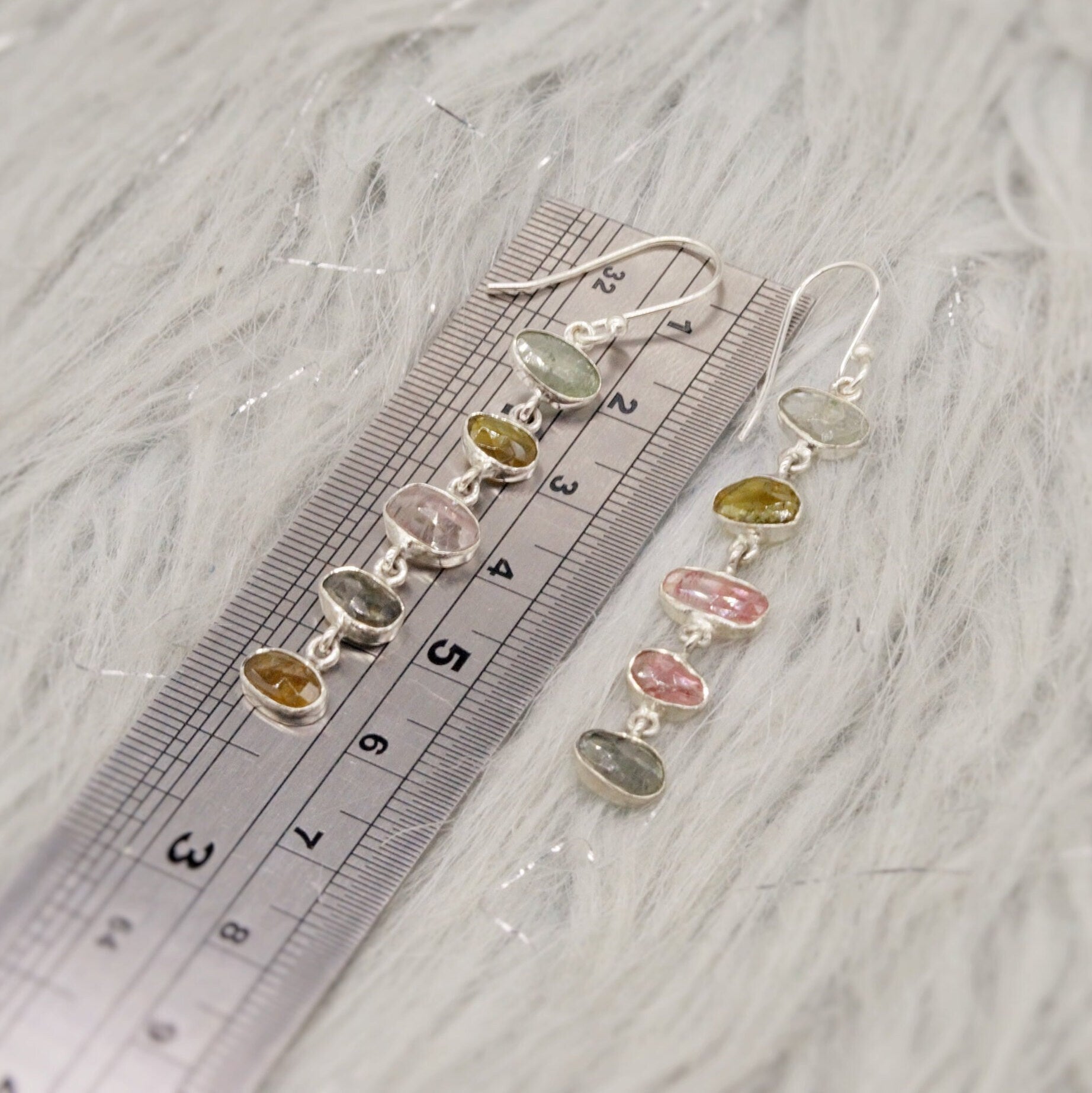 Mixed Tourmaline Earrings, Green Pink Tourmaline Sterling Silver, 925 Silver, Dangle Earrings, October Birthstone, Gift For Her