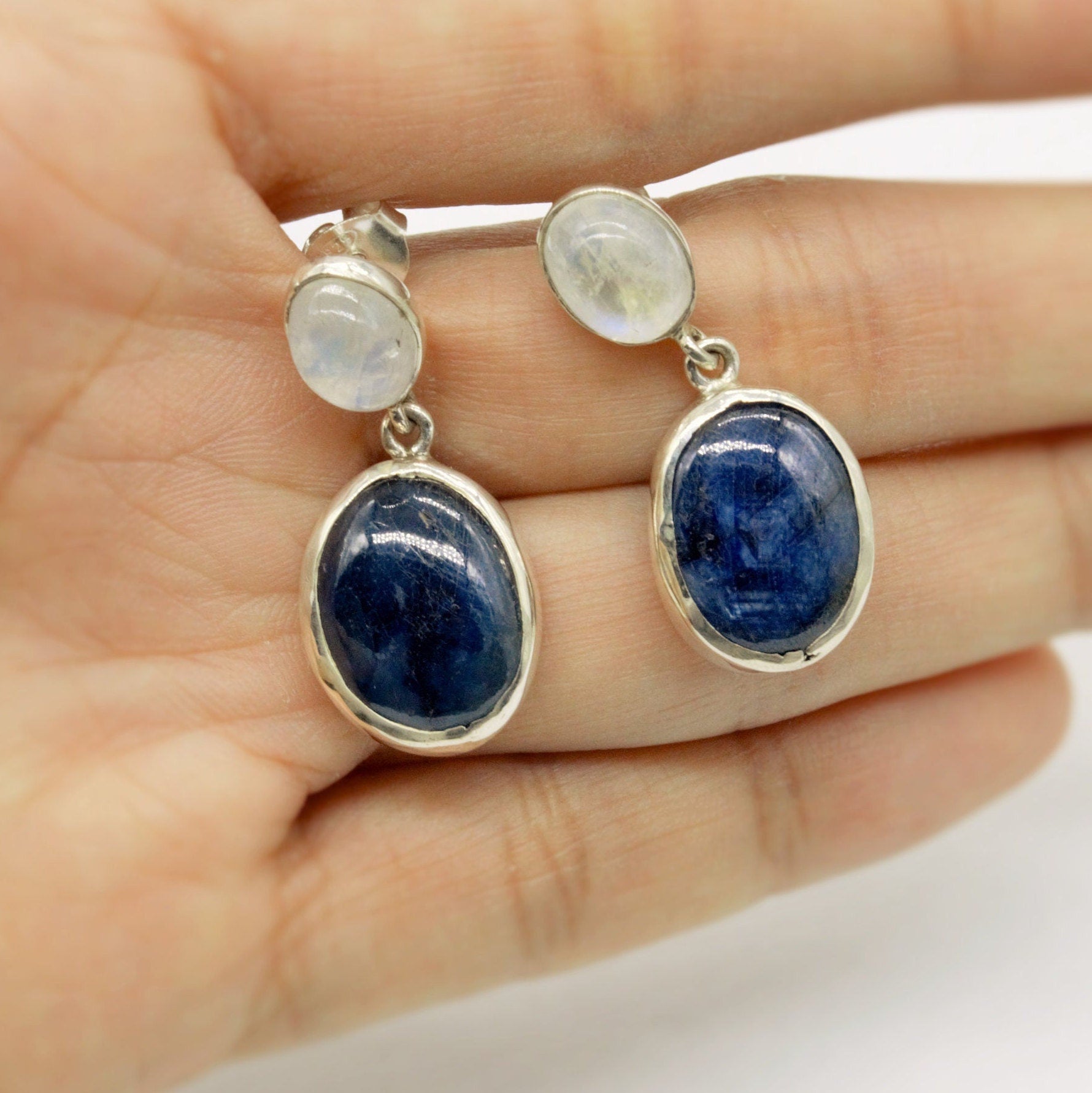 Moonstone, Sapphire Silver Earrings, Blue Dangle Gemstone Earrings, Sapphire Jewelry, September Birthstone, Gifts For Her, 925 Silver