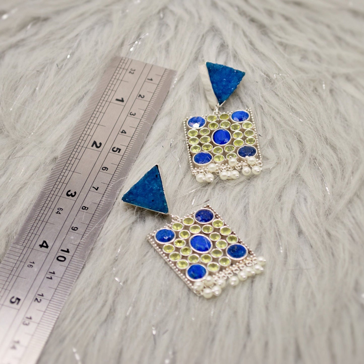Blue Agate, Lapis, Peridot Silver Earrings, Lapis Lazuli Earrings, August, December Birthstone, Unique Statement Earrings, Gift For Her