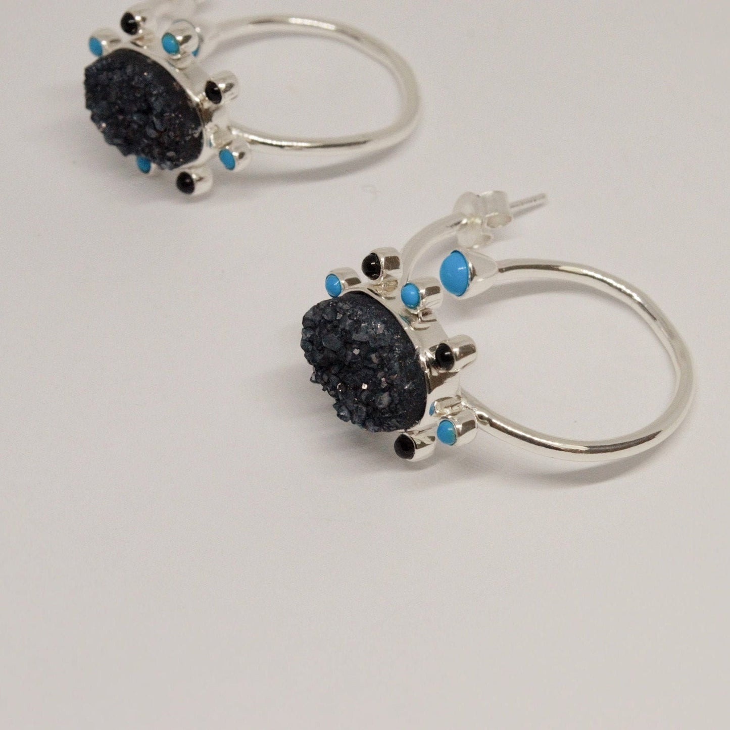 Black Onyx, Agate, Turquoise Earrings, Sterling Silver, Turquoise Birthstone Jewelry, Unique Druzy Gemstone Earrings