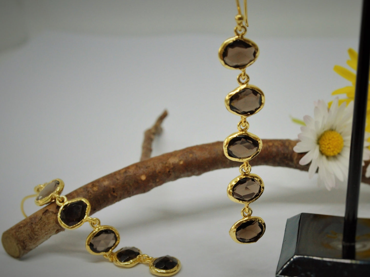 Smokey Quartz Gold Dangle Earrings, Unique Gold Plated Sterling Silver Gemstone Big Drop Earrings, Quartz Jewelry, Smoky Quartz Earrings