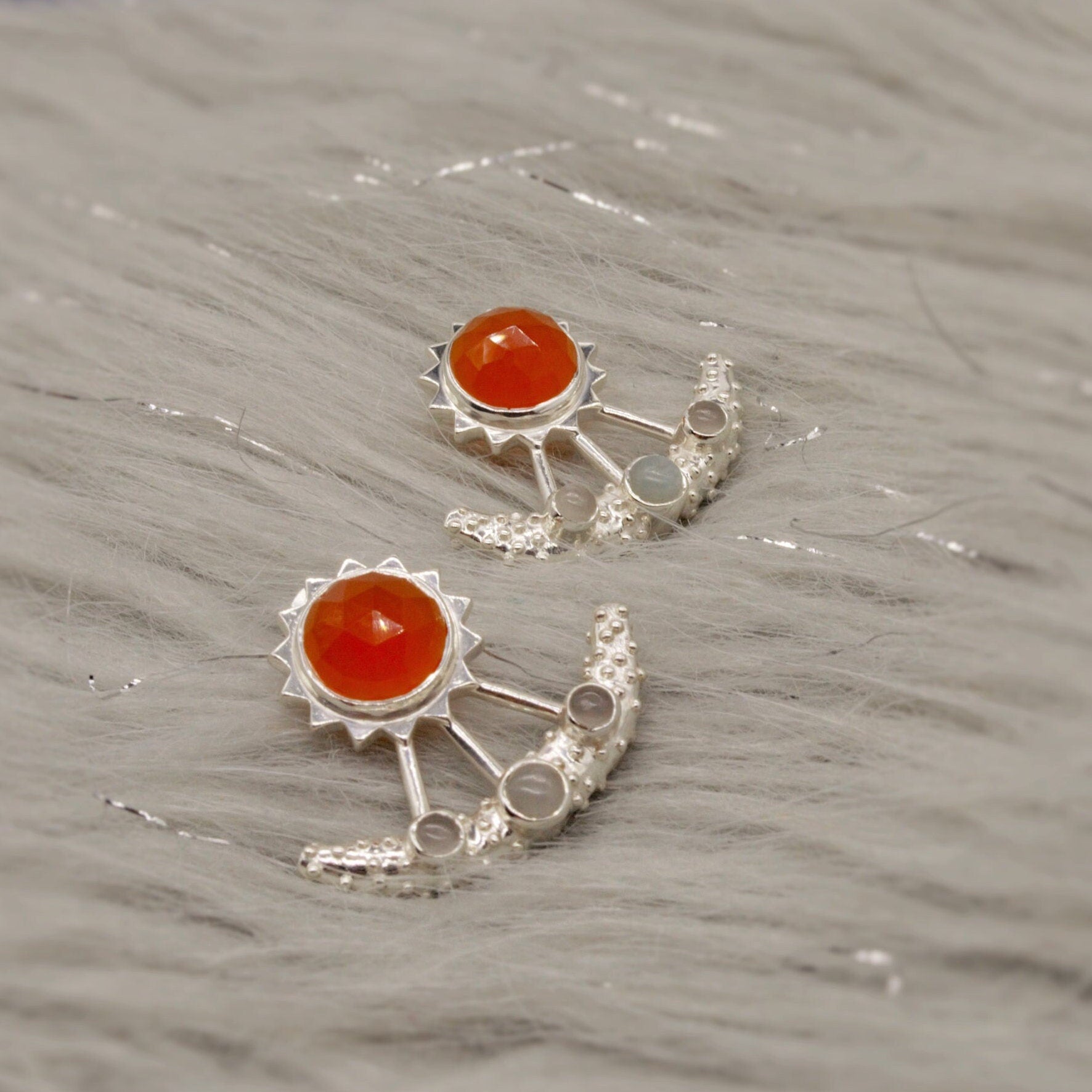 Carnelian and Aquamarine Earrings, Sterling Silver, March Birthstone Jewelry, Aquamarine crystal, Gemstone Earrings, Gift for Her