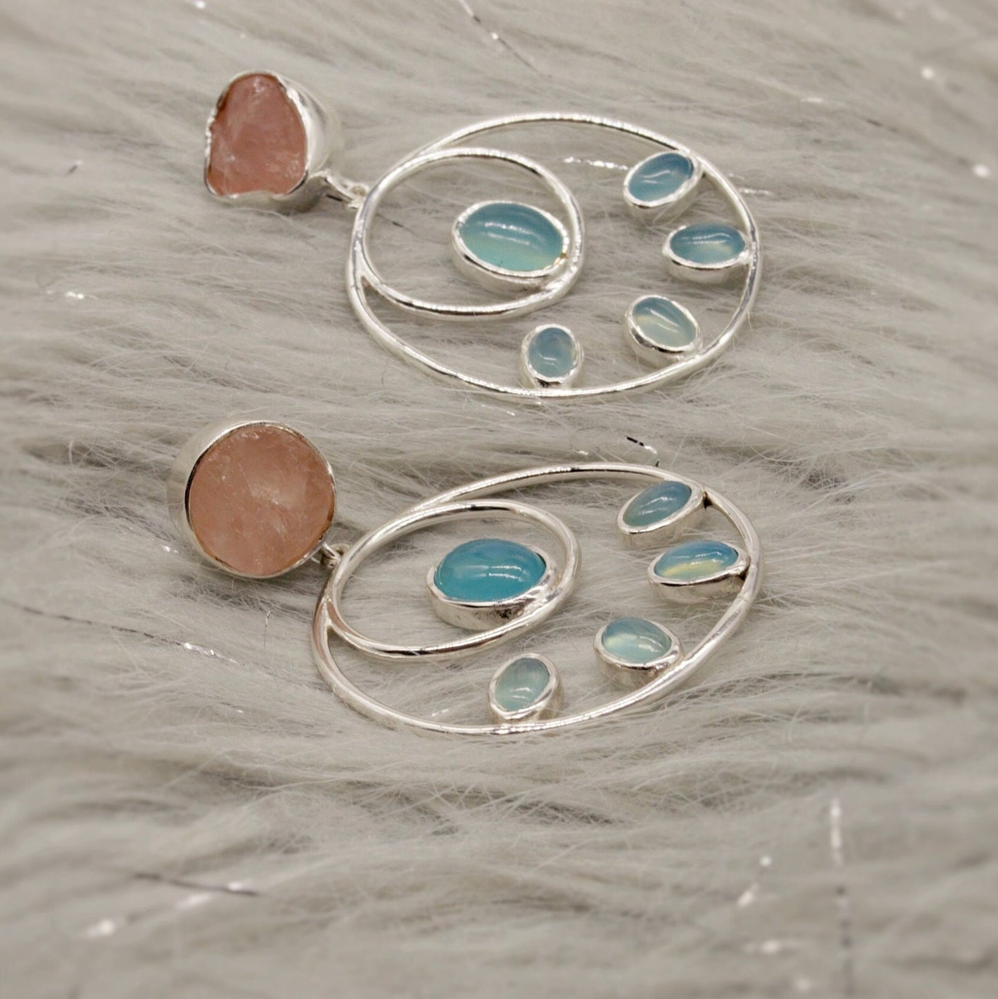 Rose Quartz Aqua Blue Chalcedony Earrings, Sterling Silver Earrings, Hoop Earrings, Unique Dangle Earrings, Gifts For Her